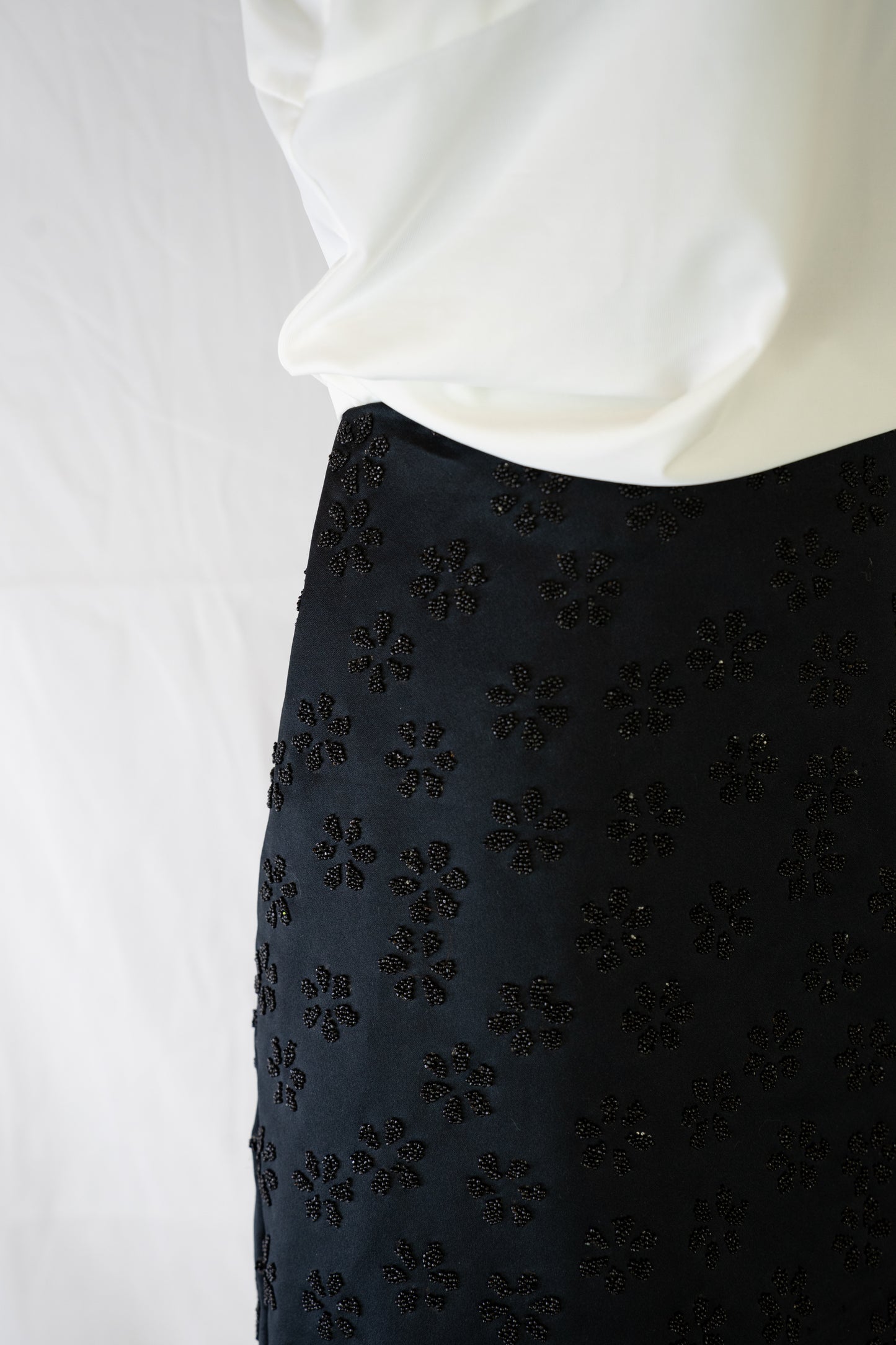 Eduardo Lucero Black Satin Mini Skirt w/ Black Beaded Floral Pattern