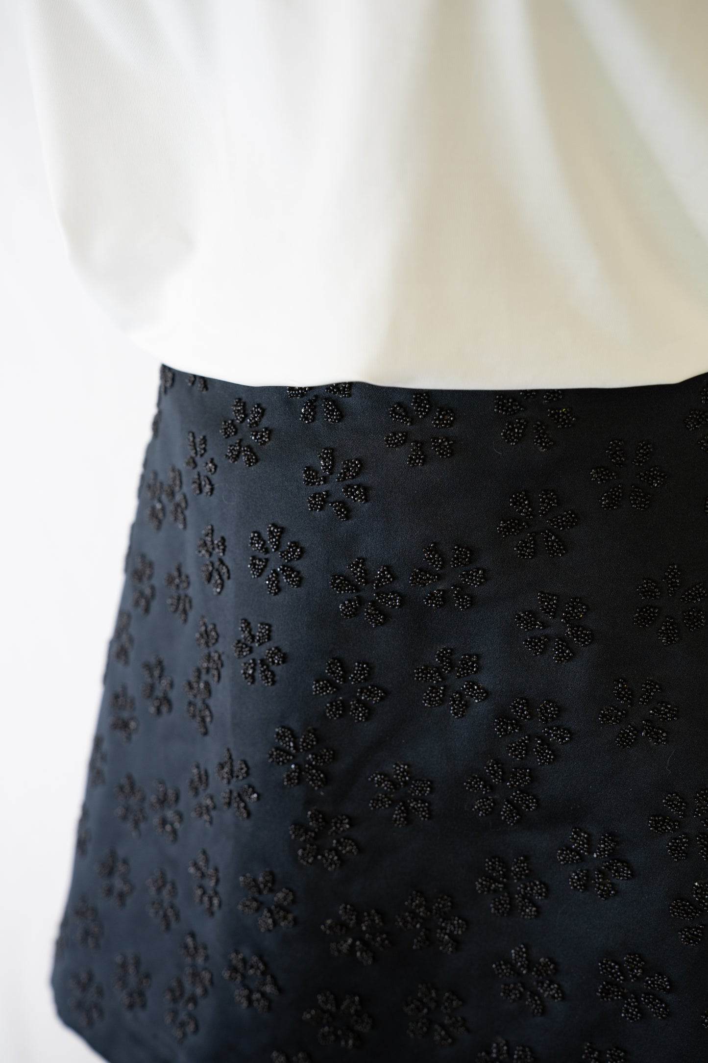 Eduardo Lucero Black Satin Mini Skirt w/ Black Beaded Floral Pattern