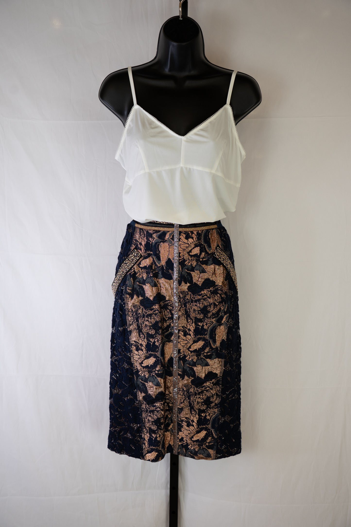 Byron Lars Navy & Gold Beaded, Lace & Floral Midi Skirt w Back Zip