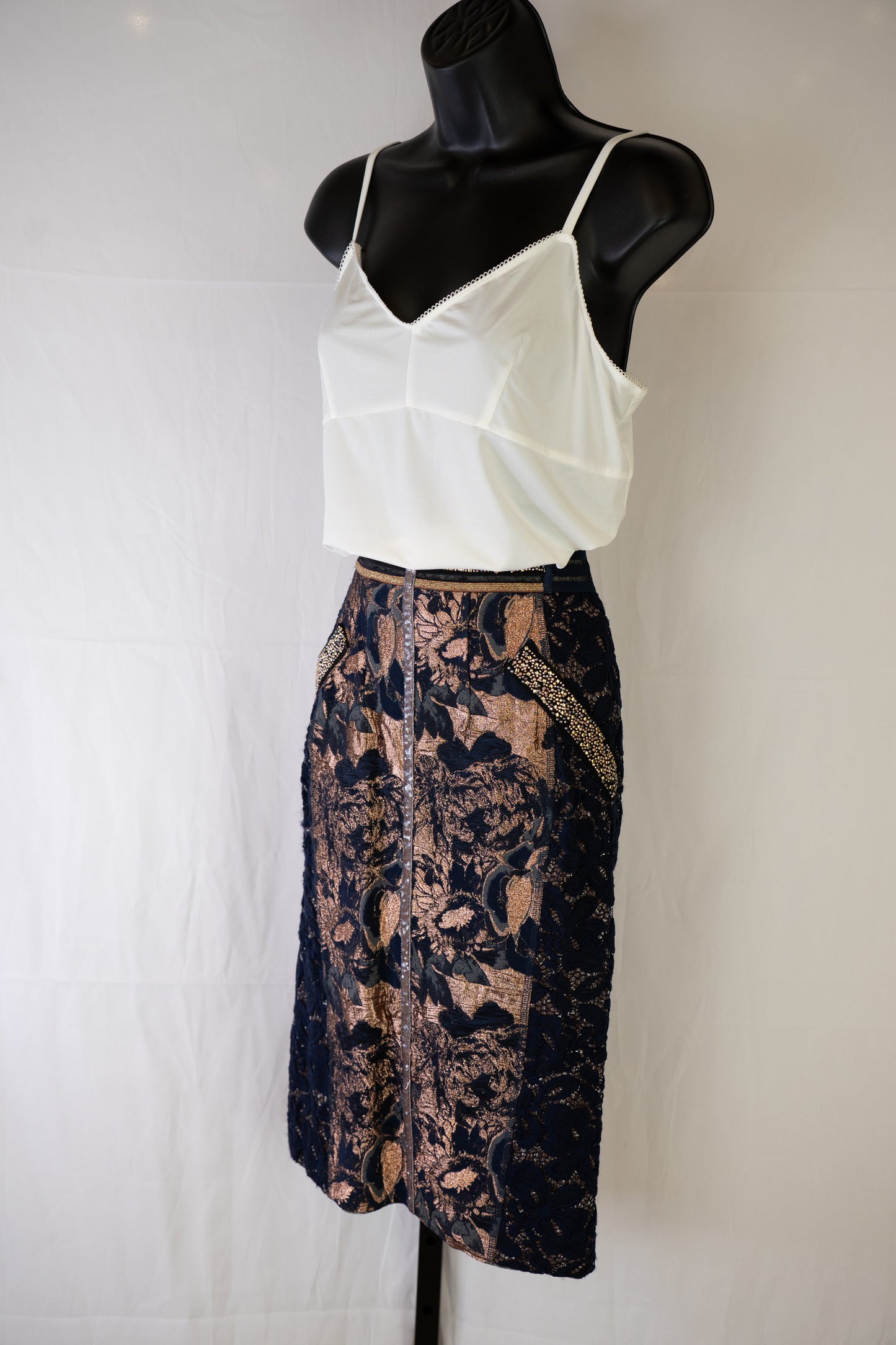 Byron Lars Navy & Gold Beaded, Lace & Floral Midi Skirt w Back Zip