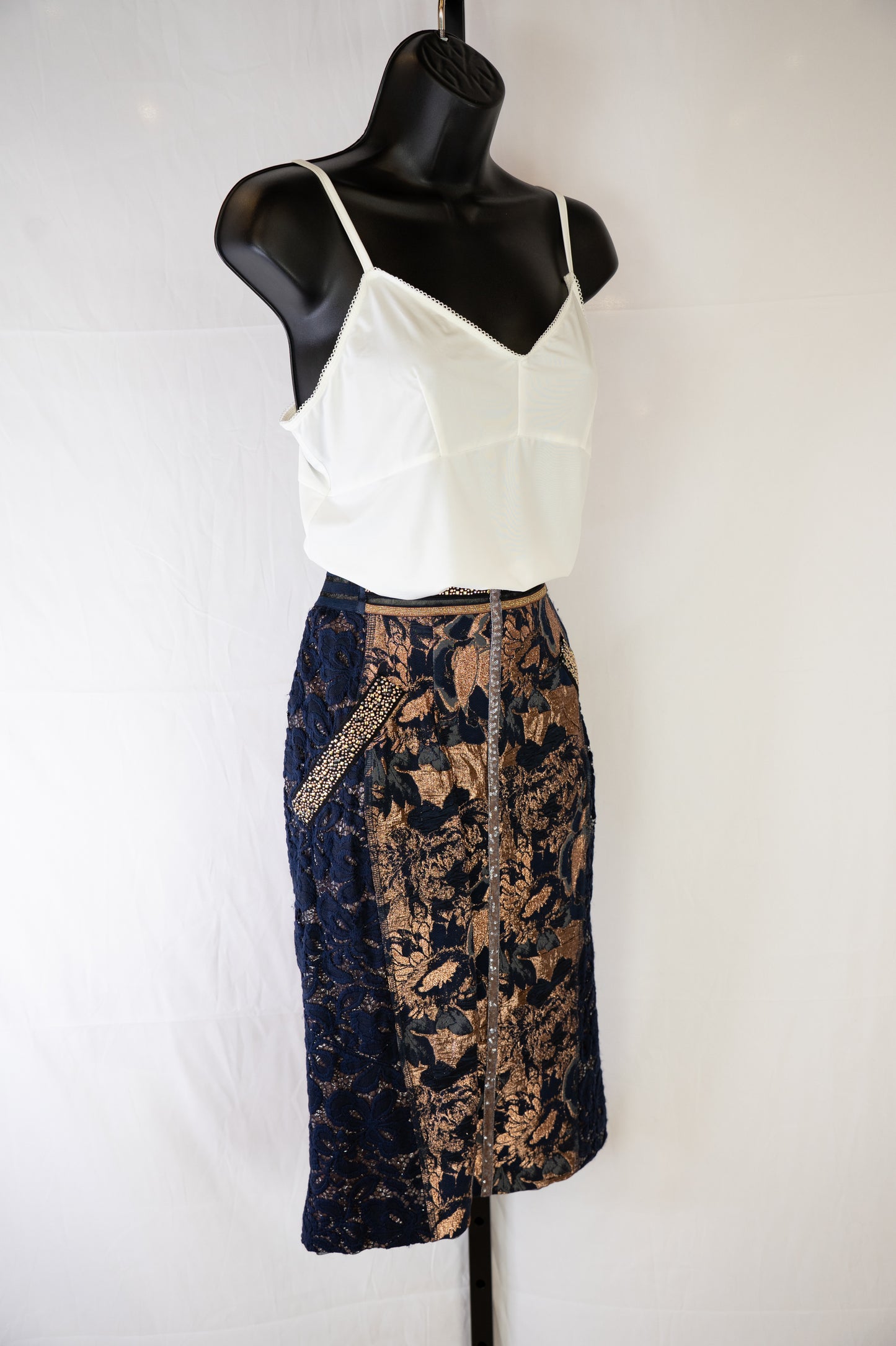 Byron Lars Navy & Gold Beaded, Lace & Floral Midi Skirt w Back Zip