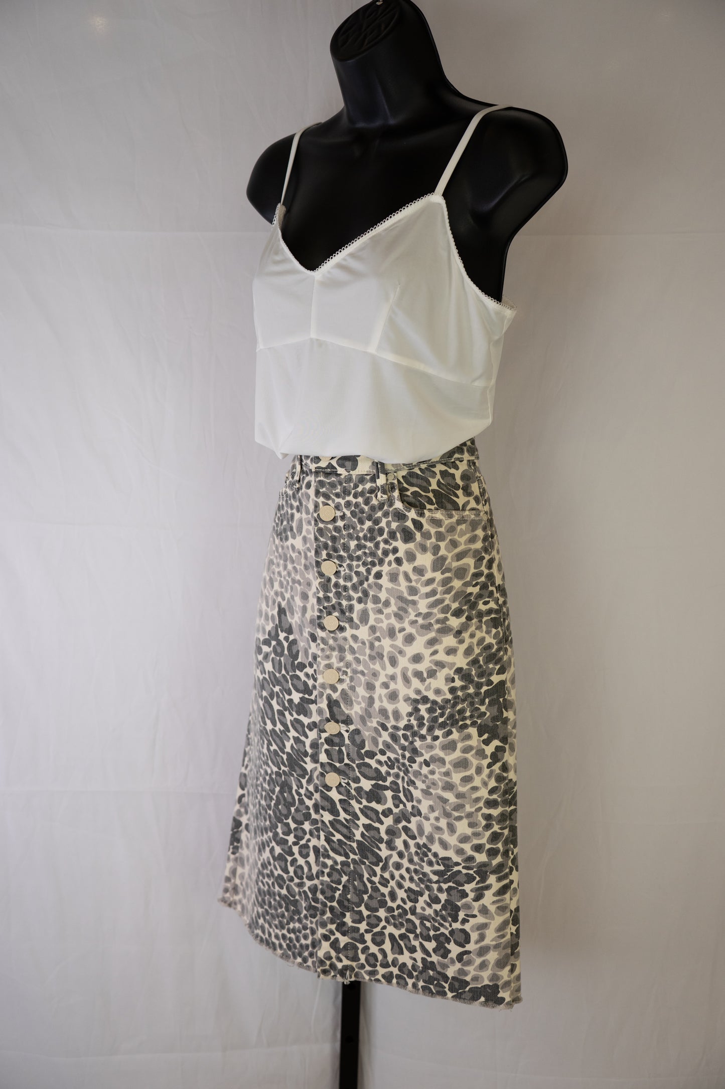 Mother Denim Grey & White Leopard Print High-Waist Button Down Knee-Length Skirt NWT