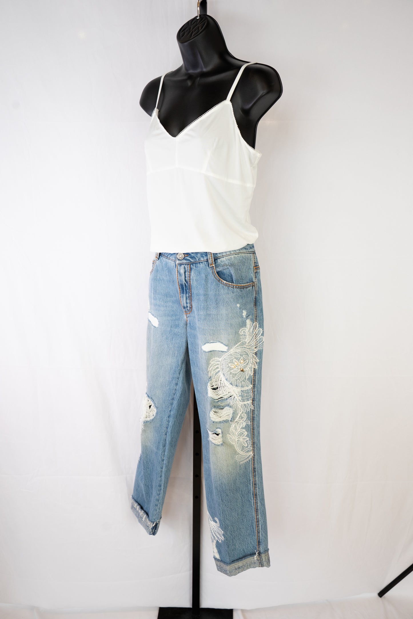 Ermanno Scervino Light Wash Straight Leg Jeans w/ Rhinestone & Lace Detail