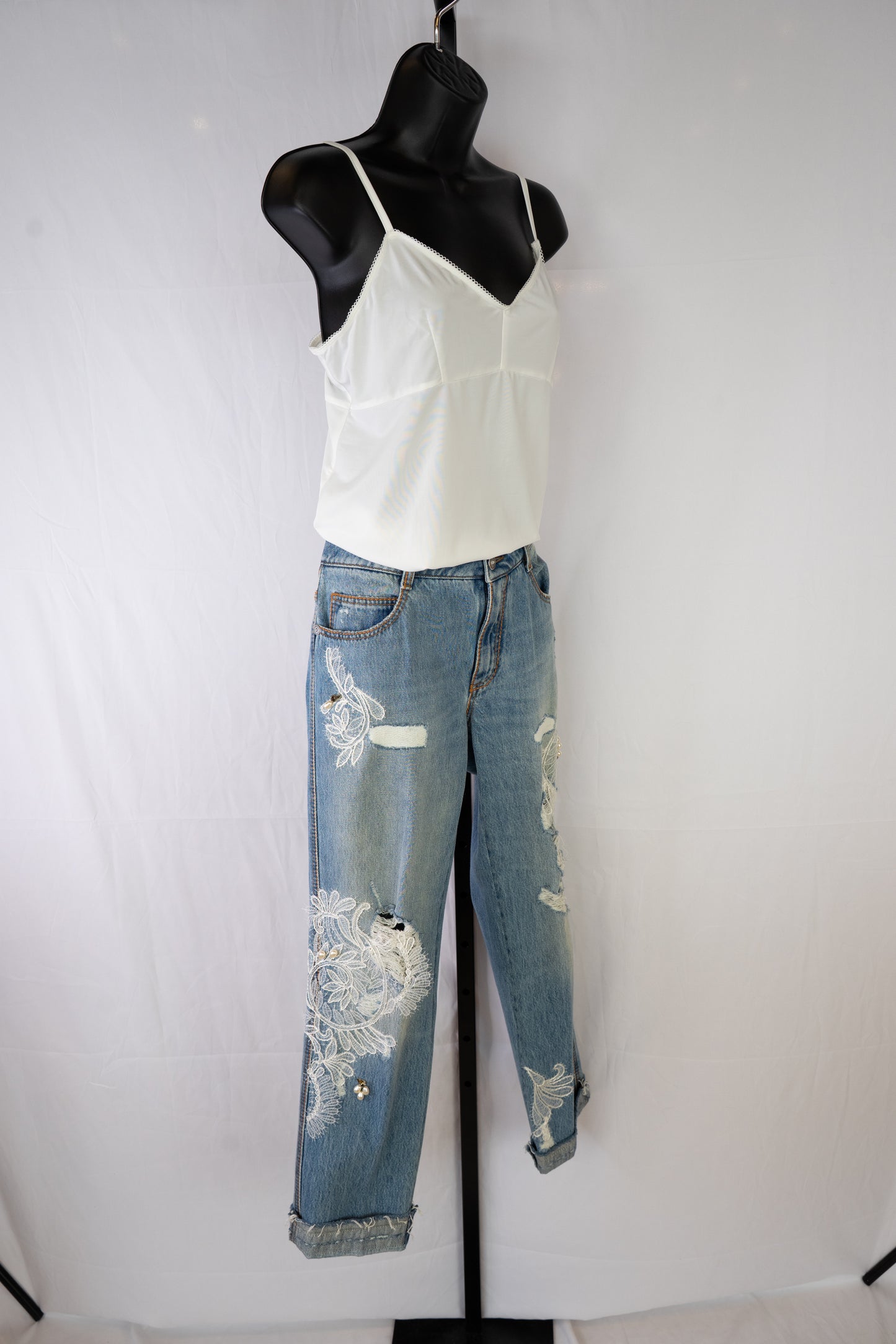 Ermanno Scervino Light Wash Straight Leg Jeans w/ Rhinestone & Lace Detail