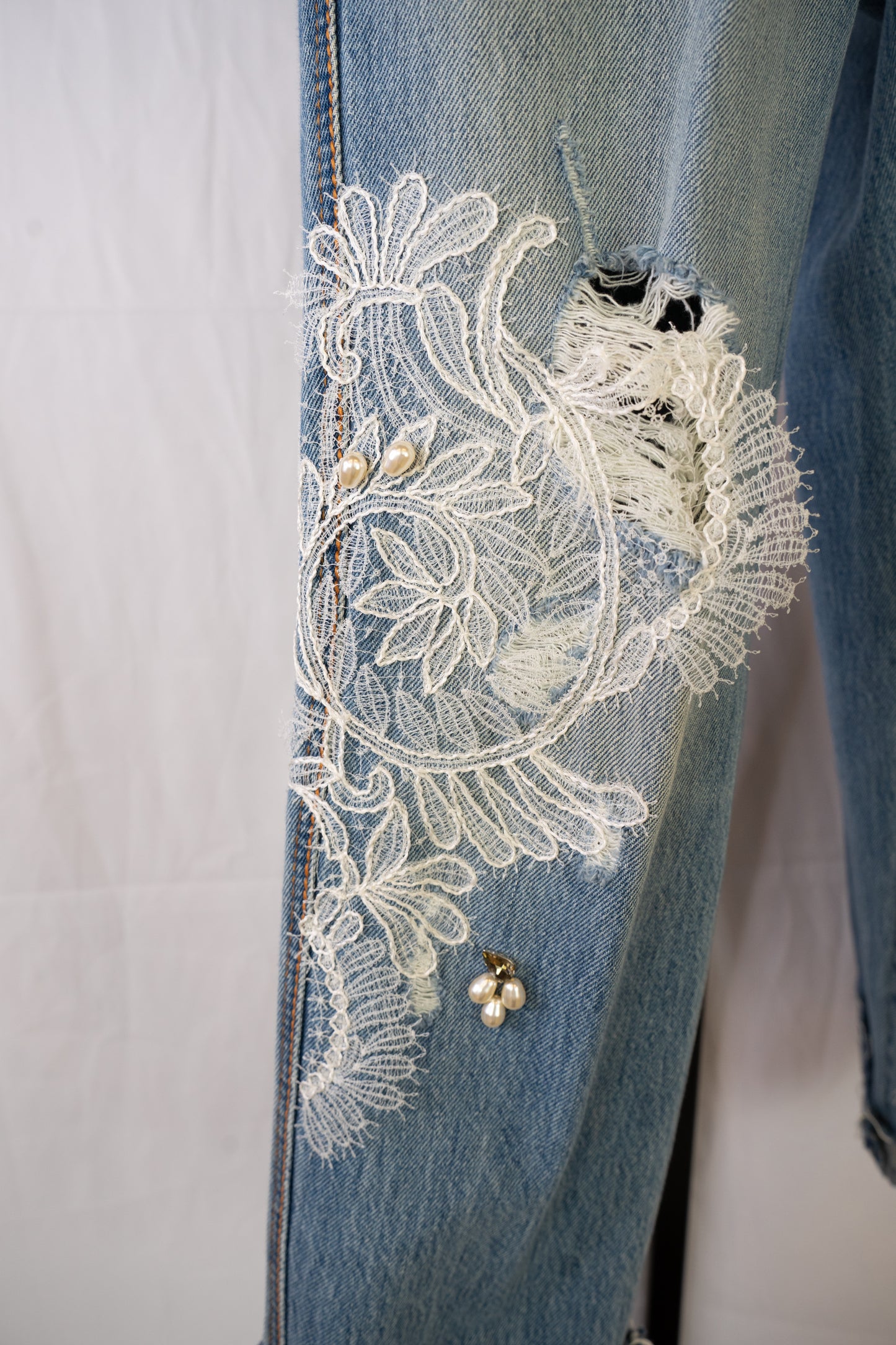 Ermanno Scervino Light Wash Straight Leg Jeans w/ Rhinestone & Lace Detail