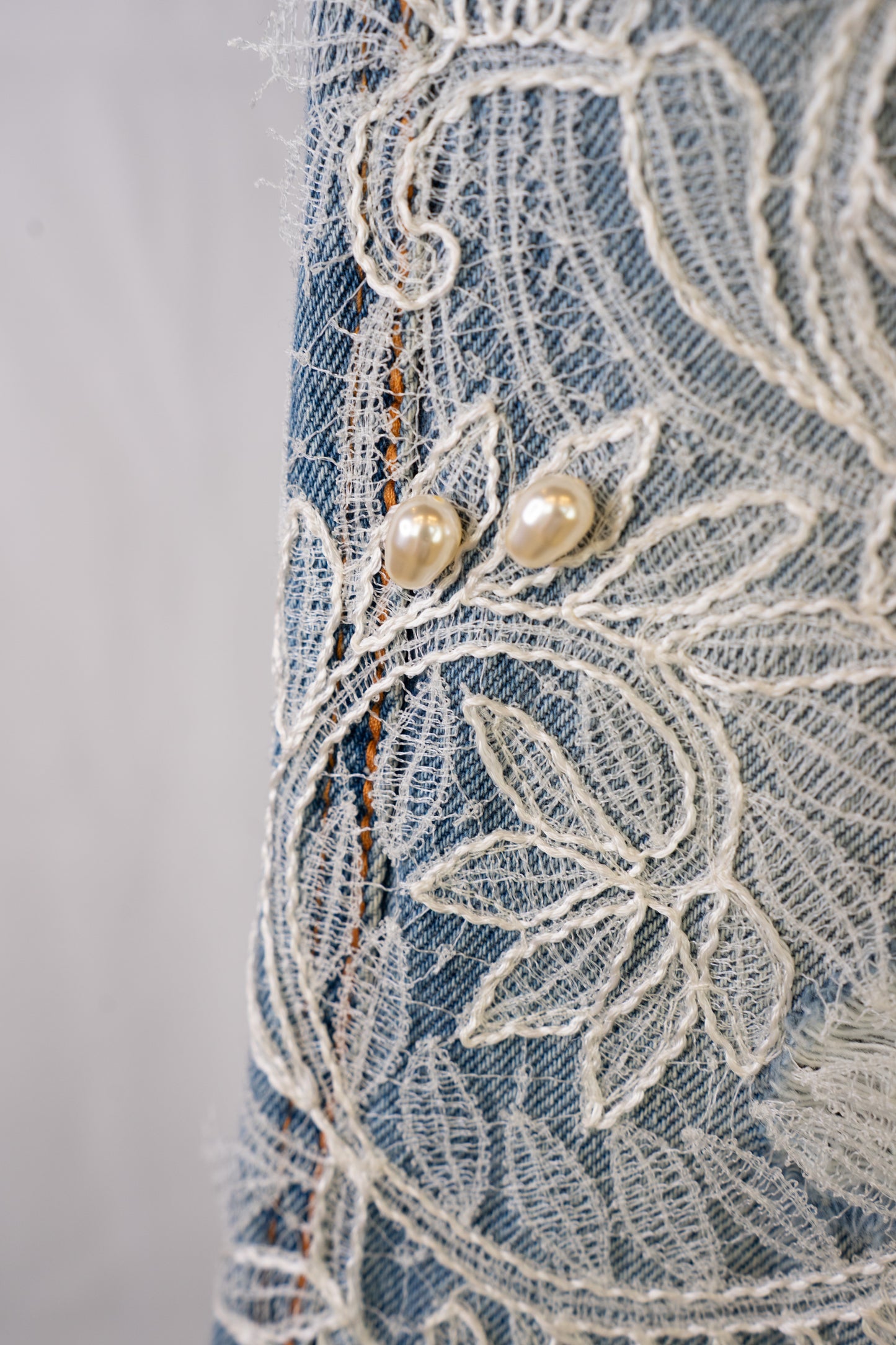 Ermanno Scervino Light Wash Straight Leg Jeans w/ Rhinestone & Lace Detail