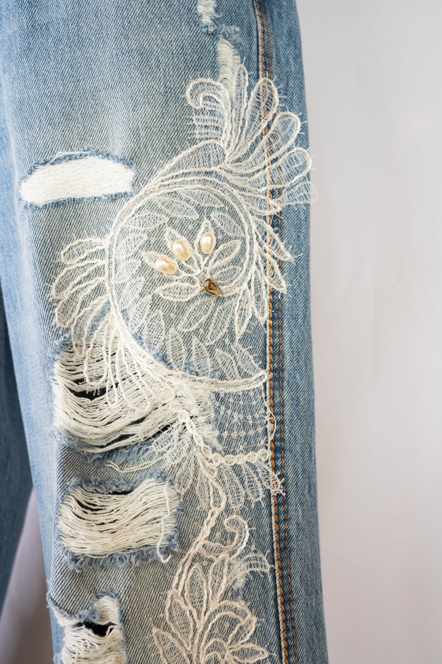 Ermanno Scervino Light Wash Straight Leg Jeans w/ Rhinestone & Lace Detail