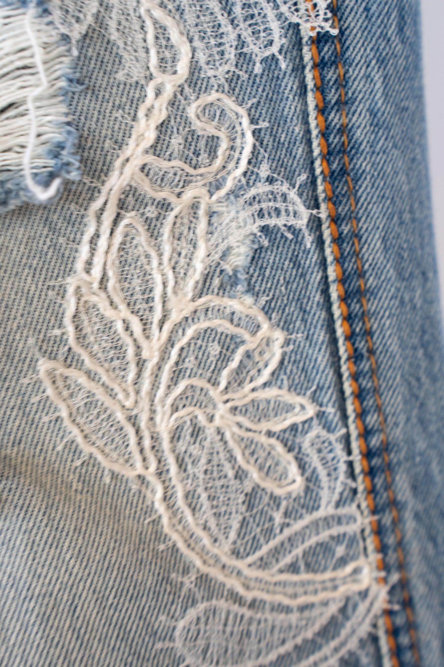 Ermanno Scervino Light Wash Straight Leg Jeans w/ Rhinestone & Lace Detail