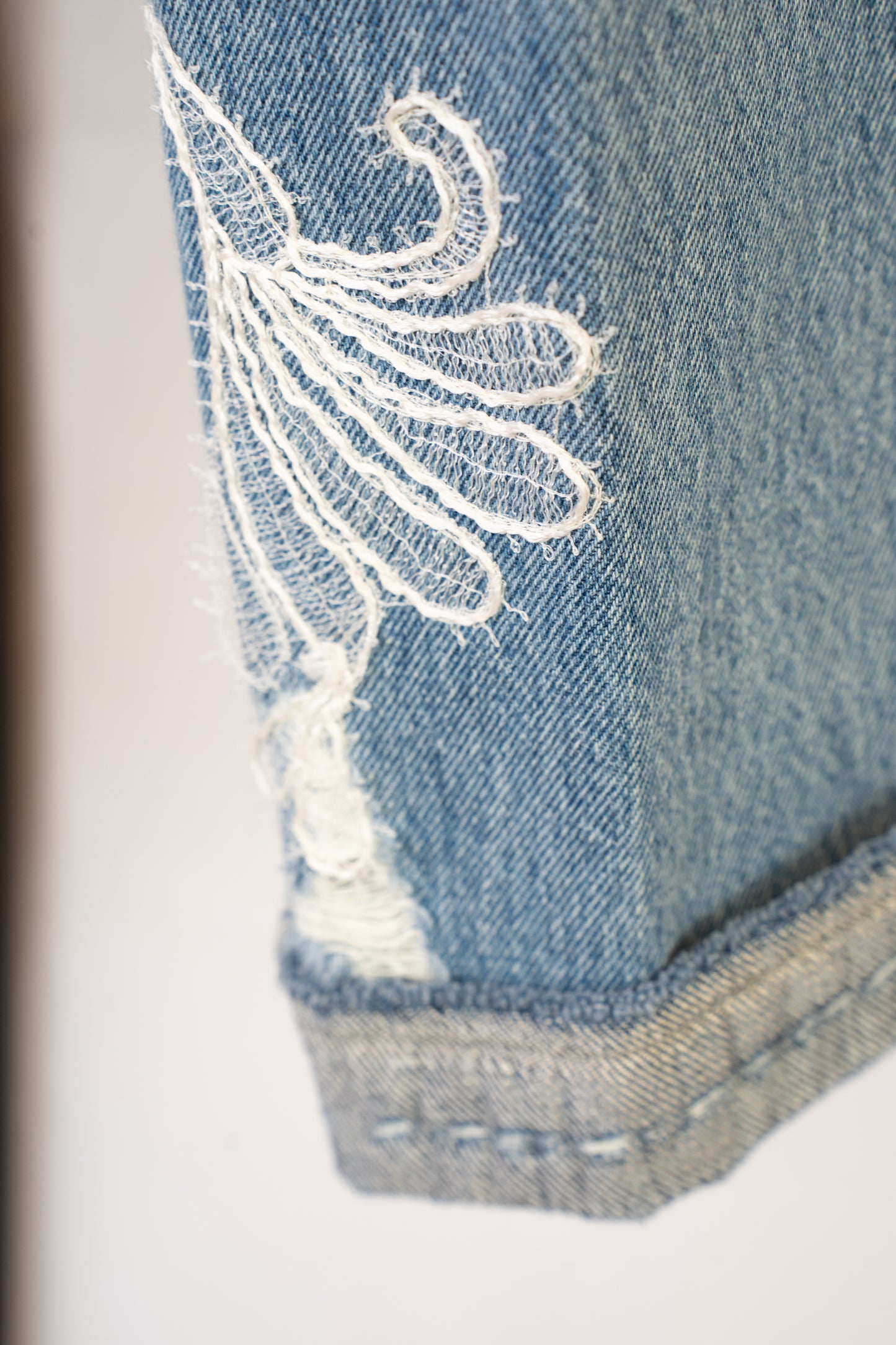 Ermanno Scervino Light Wash Straight Leg Jeans w/ Rhinestone & Lace Detail