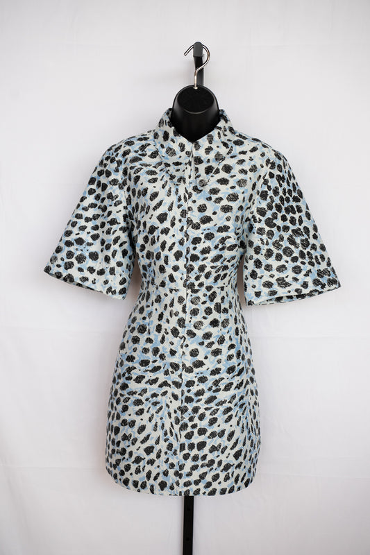 Ganni Light Blue w Black Print Half Sleeve Half Zip Knee-Length Dress