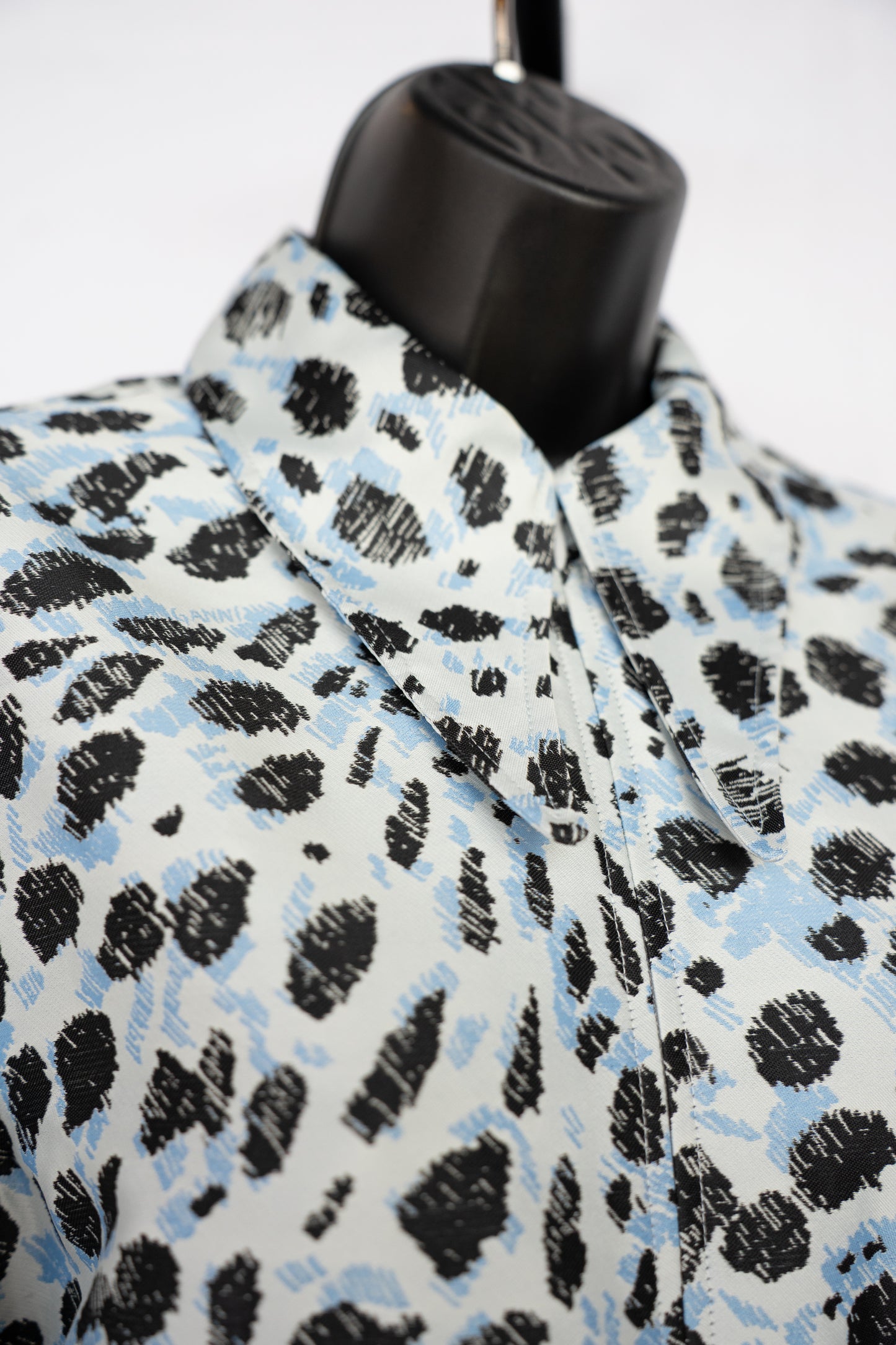 Ganni Light Blue w Black Print Half Sleeve Half Zip Knee-Length Dress