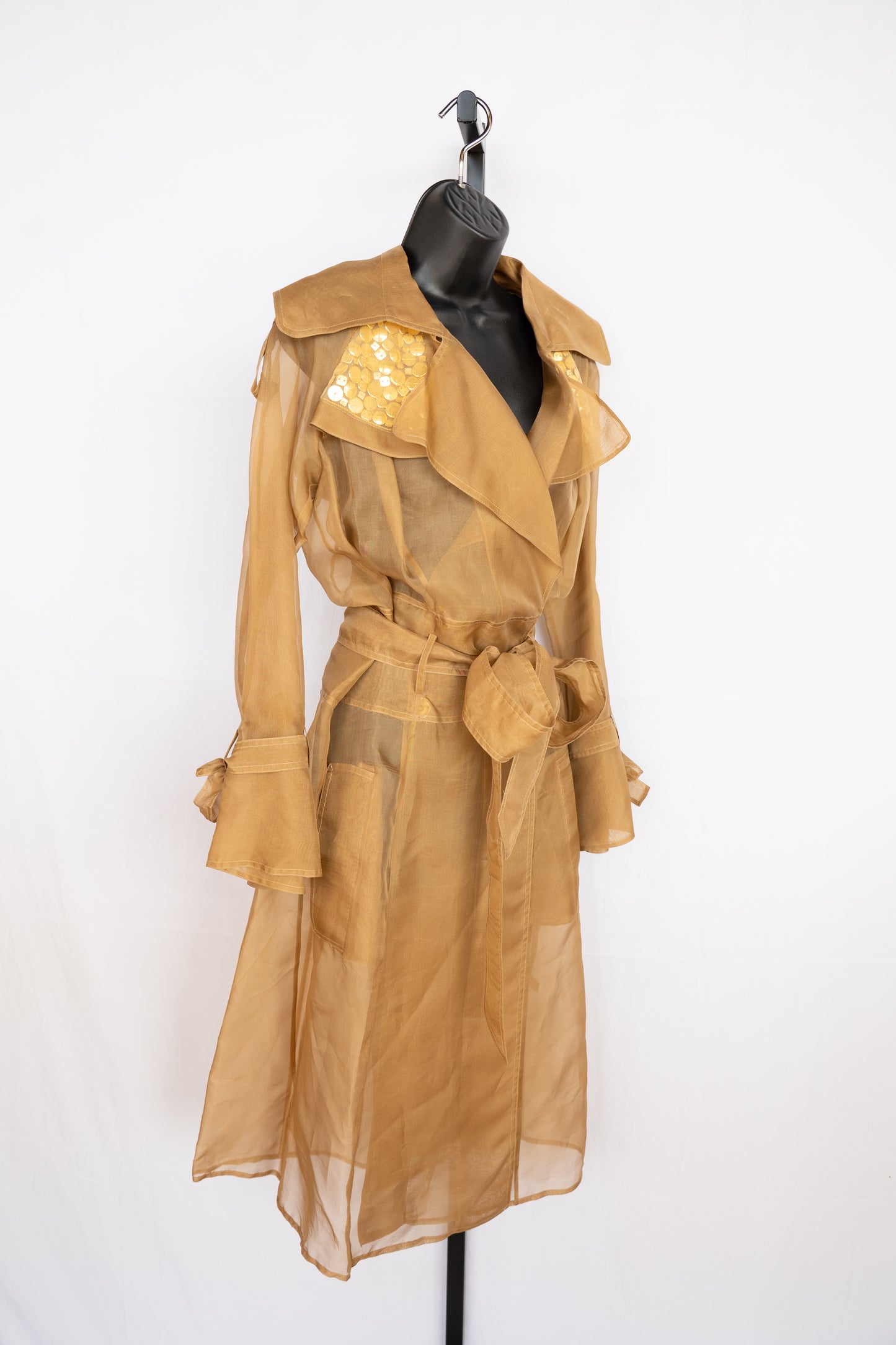 Rachel Roy Neutral Tan Sheer Long Sleeve Full-Length Jacket w Gold Button Detail NWT