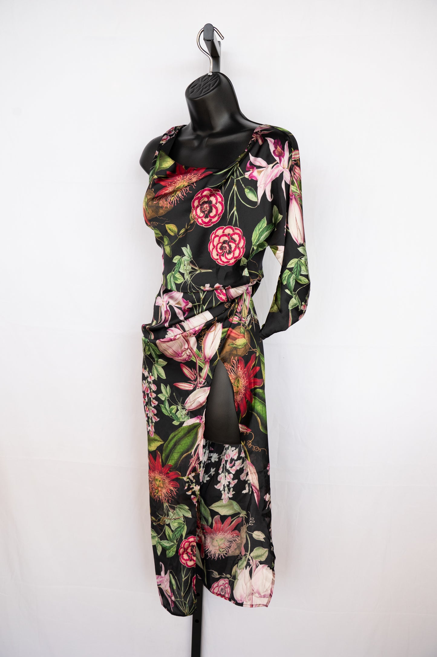 Katie May Black w Multicolor Realistic Floral One Long Shoulder Cut-Out Hip Maxi Dress w Slit