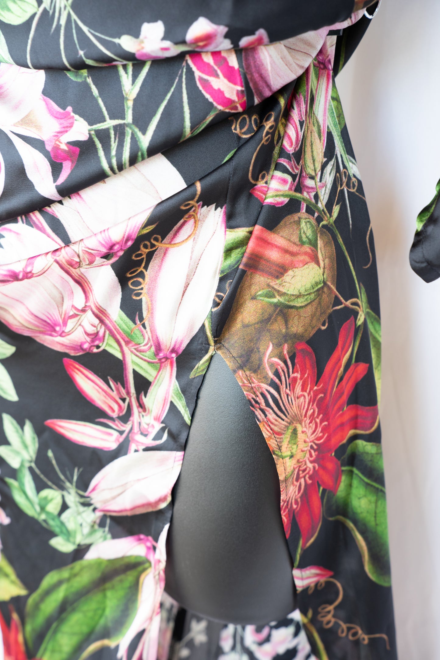 Katie May Black w Multicolor Realistic Floral One Long Shoulder Cut-Out Hip Maxi Dress w Slit