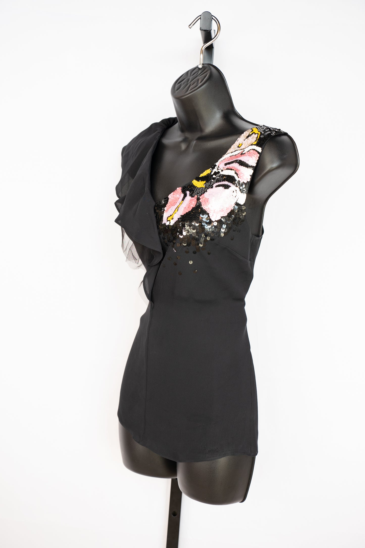 Emilio Pucci Silk Black Single Flutter Cap Sleeve Top w Pink & Black Sequin Detail