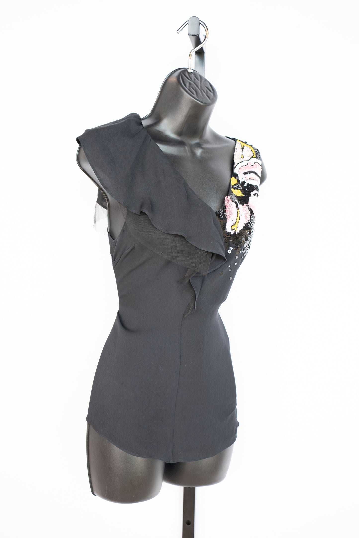 Emilio Pucci Silk Black Single Flutter Cap Sleeve Top w Pink & Black Sequin Detail