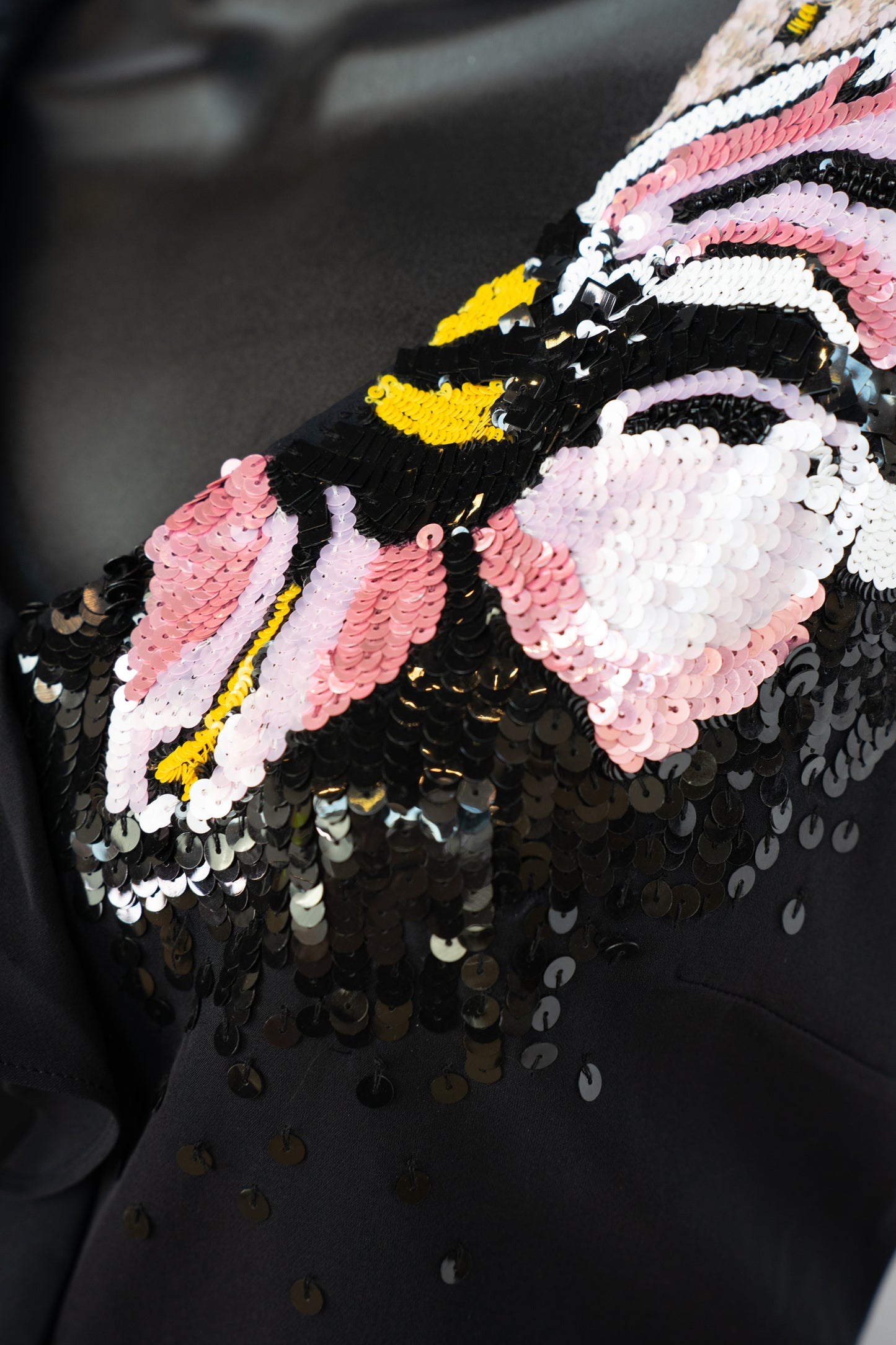 Emilio Pucci Silk Black Single Flutter Cap Sleeve Top w Pink & Black Sequin Detail