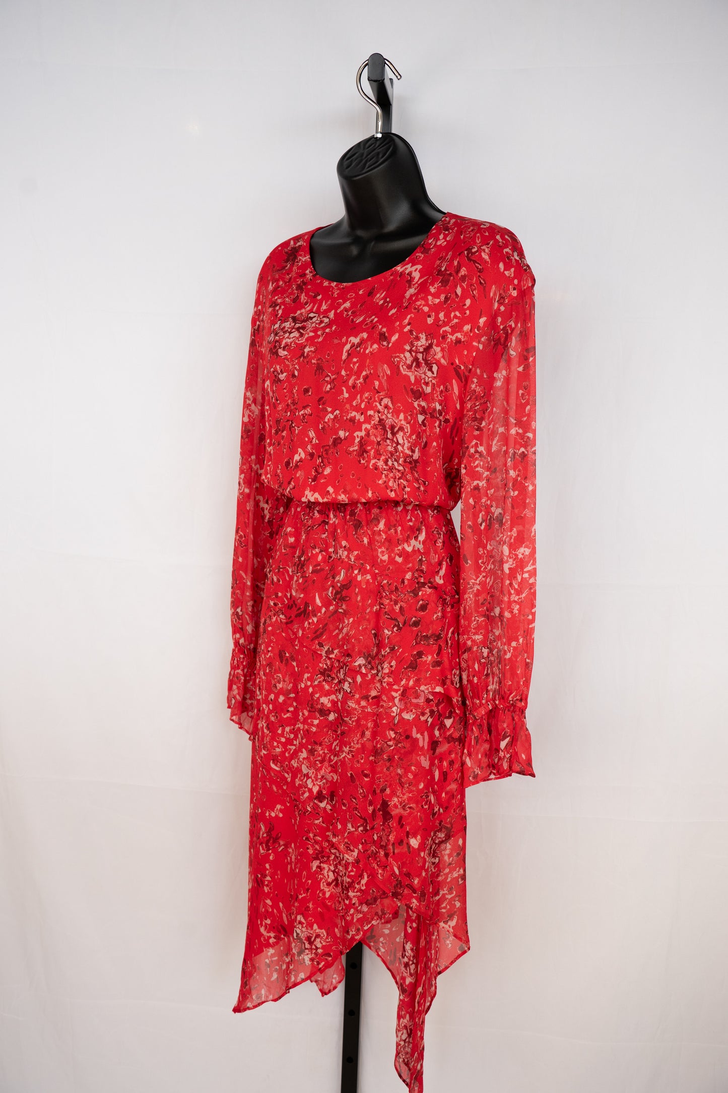 IRO Red Floral Long Sleeve Midi Dress w/ Abstract Layers