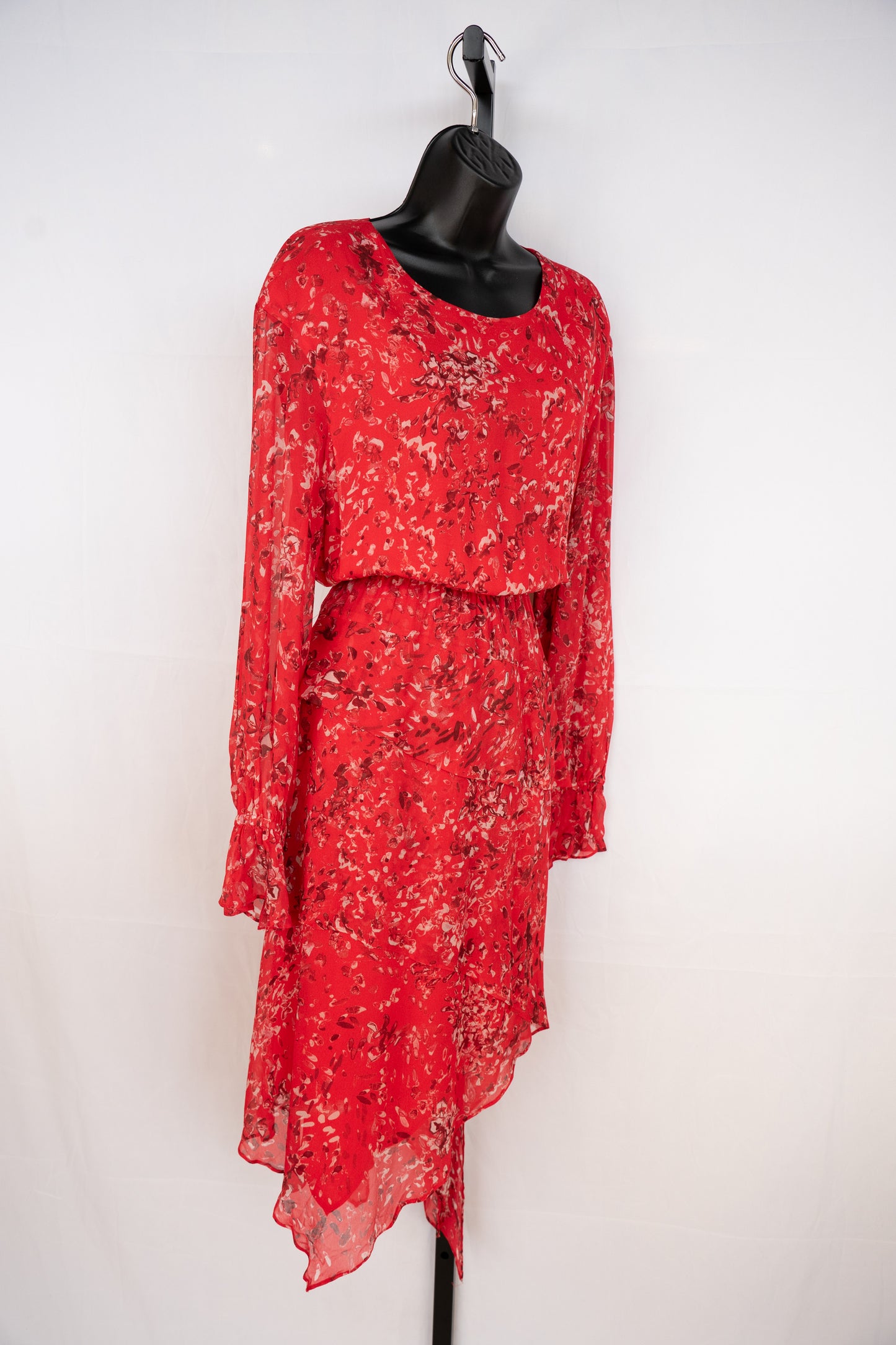 IRO Red Floral Long Sleeve Midi Dress w/ Abstract Layers
