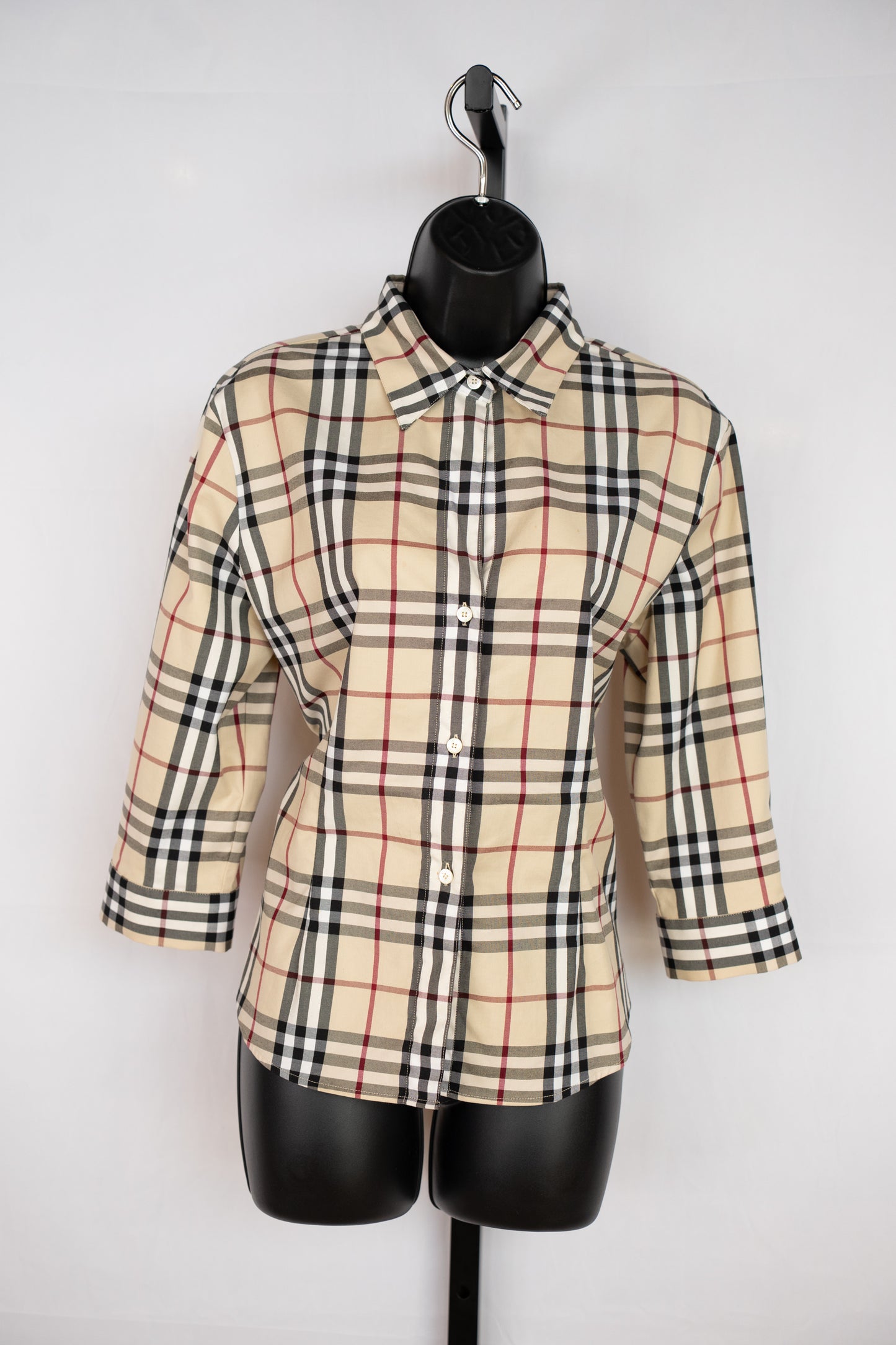 Burberry Beige Red Black White Check Collared Long Sleeve Button Up Shirt