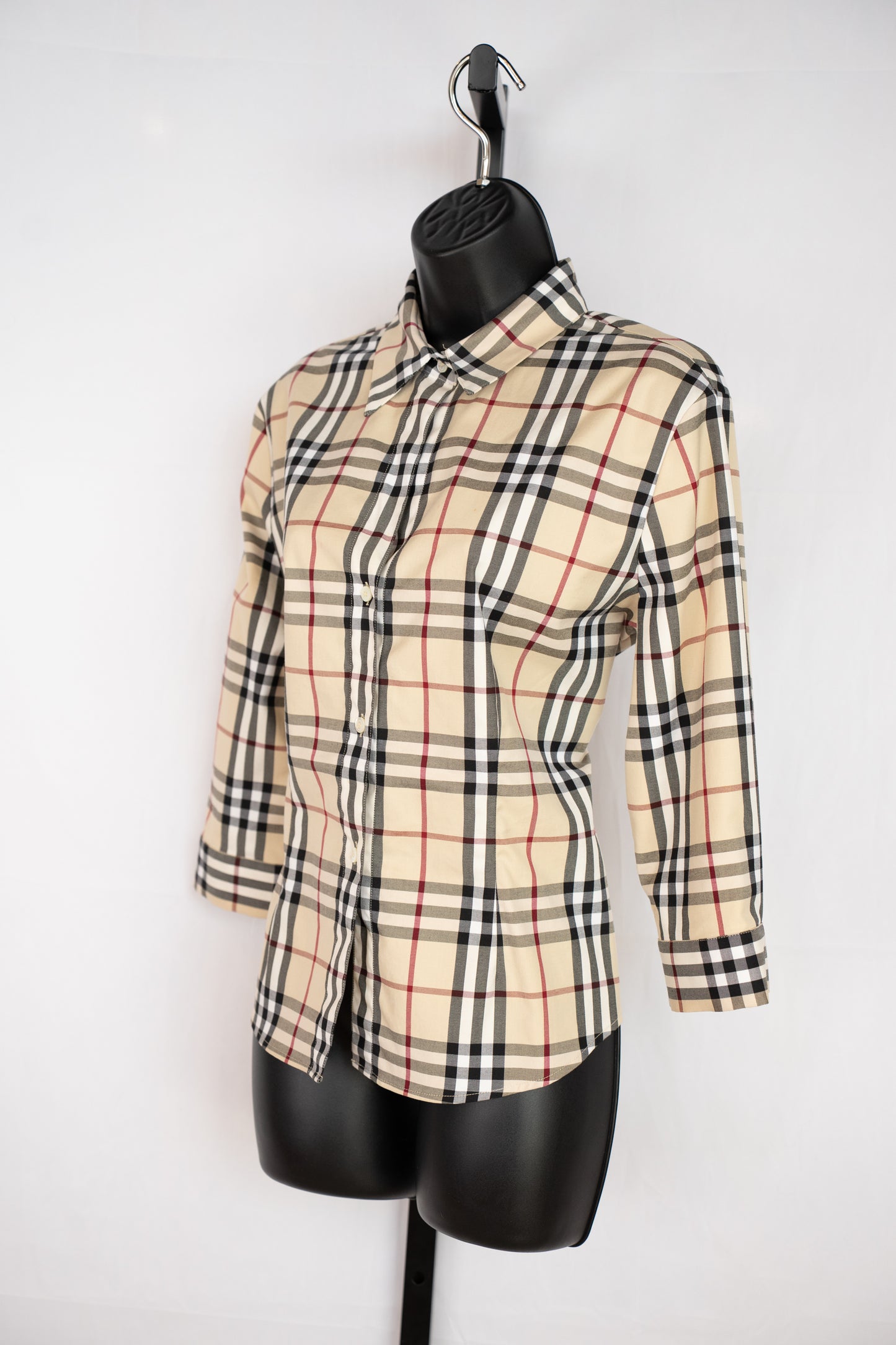 Burberry Beige Red Black White Check Collared Long Sleeve Button Up Shirt