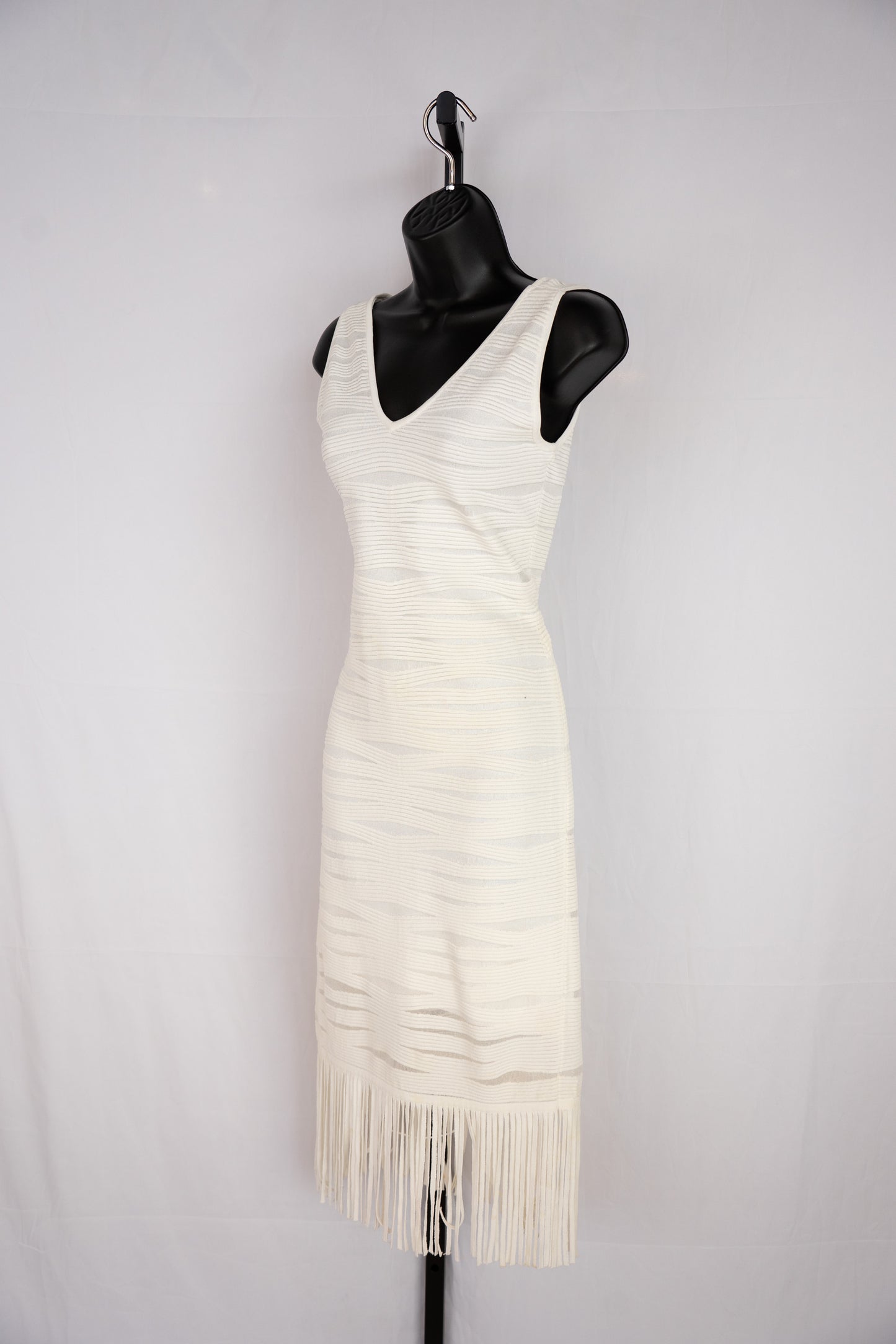Parker White Stripe Textured Sleeveless Midi Dress w Fringe Hem