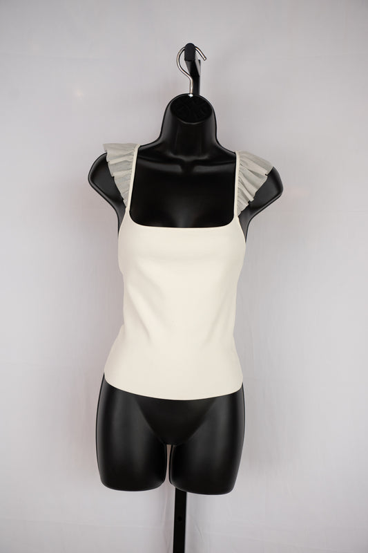 Alice + Olivia Cream White Ribbed Tank Top w Ruffle Straps