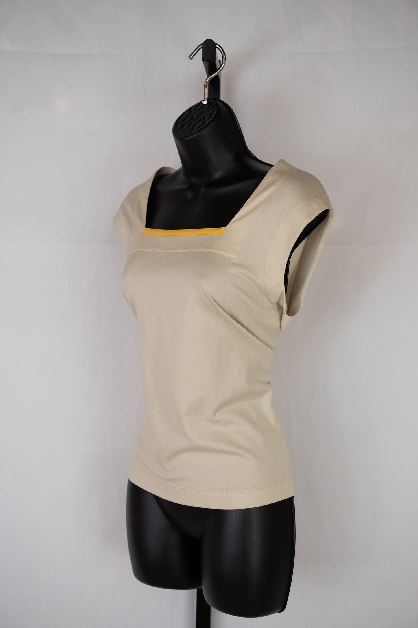 Akris Punto Square Neck Tan w/Yellow Stripe Top