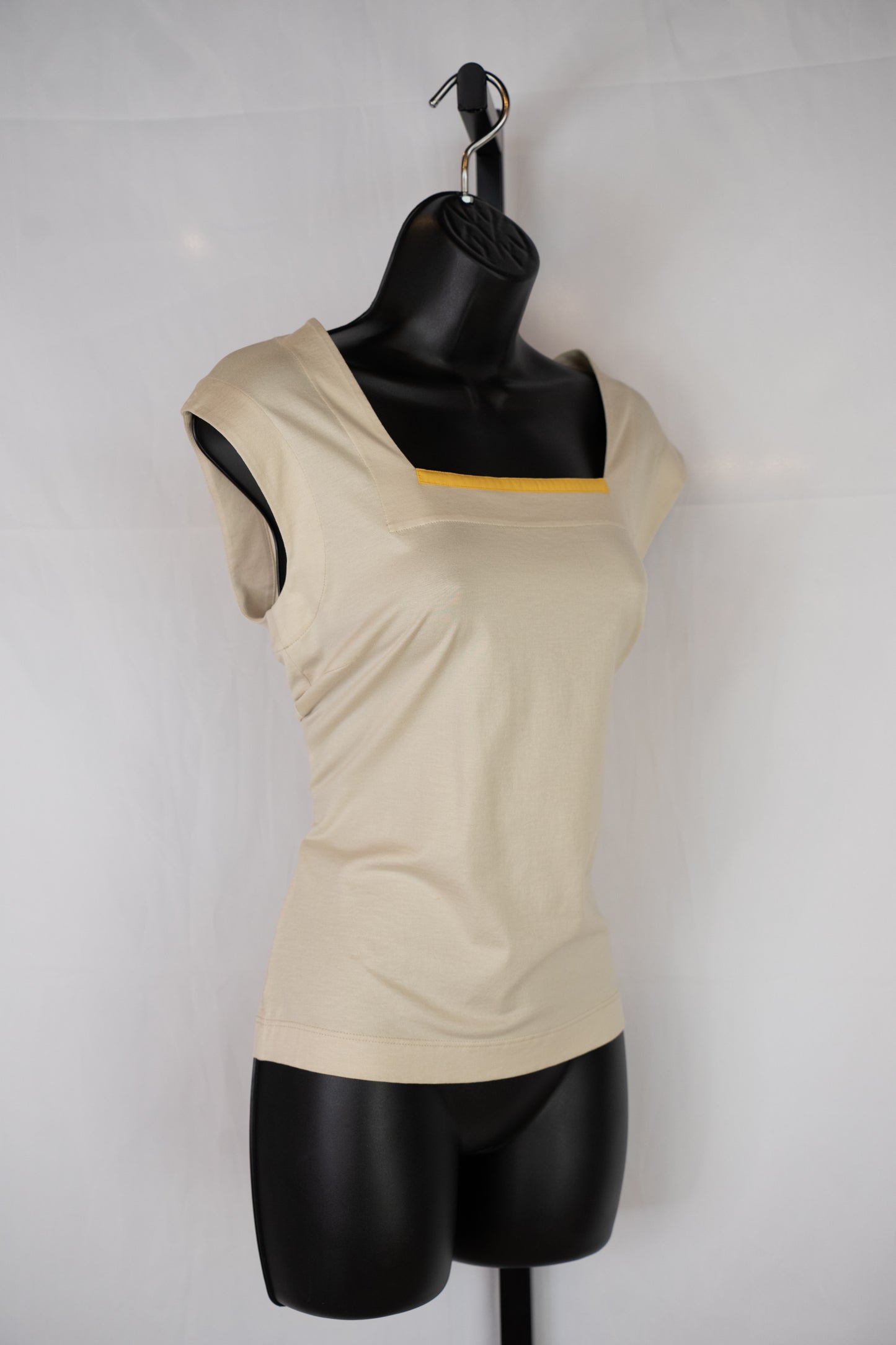 Akris Punto Square Neck Tan w/Yellow Stripe Top