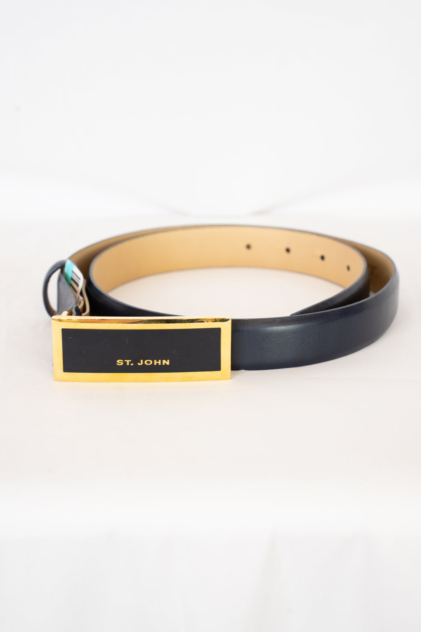 St. John Leather Skinny Navy Belt w Black & Gold Rectangle Logo Buckle