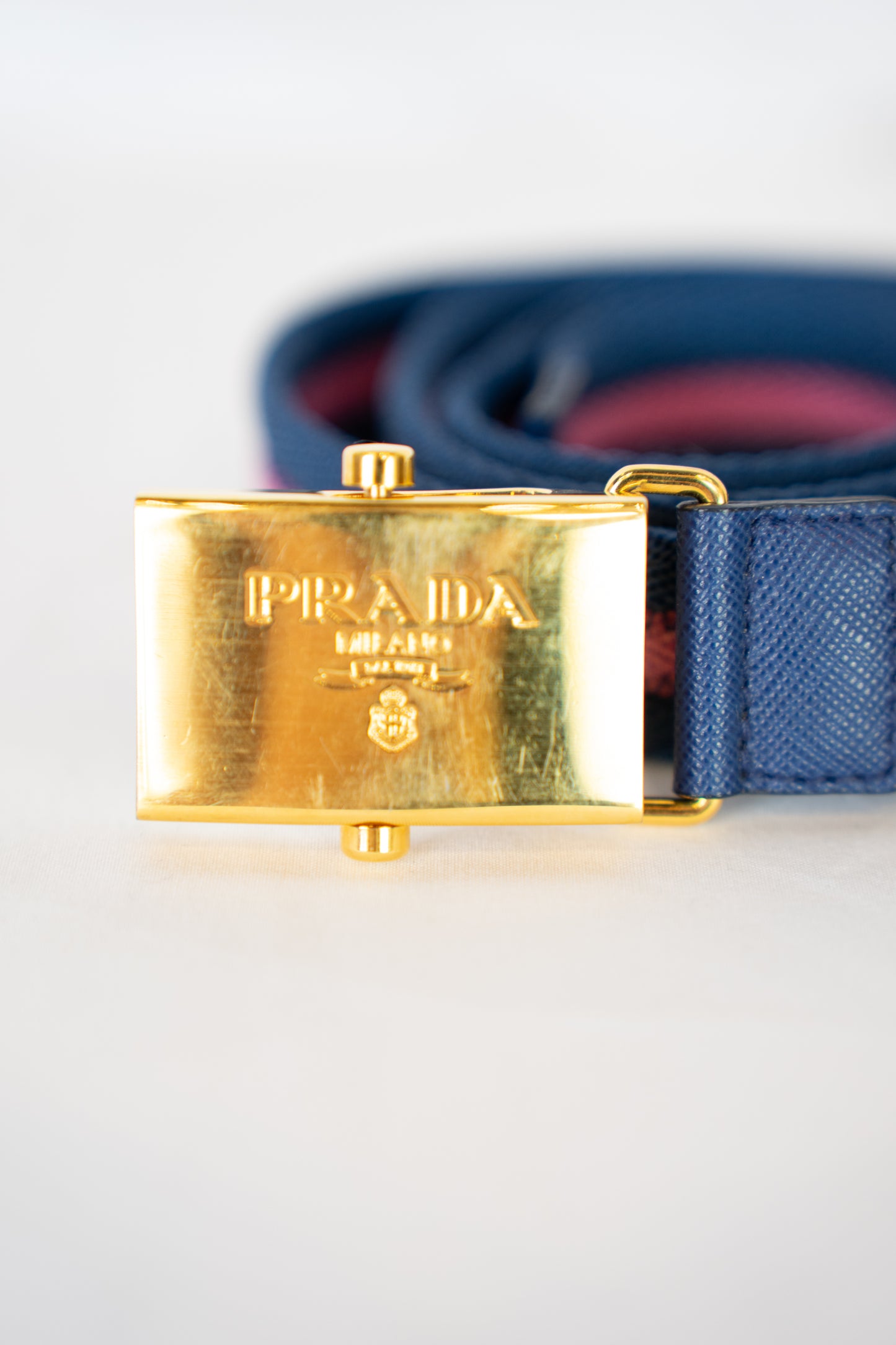 Prada Canvas Blue & Pink Stripe Skinny Belt w Gold Clasp Closure Buckle