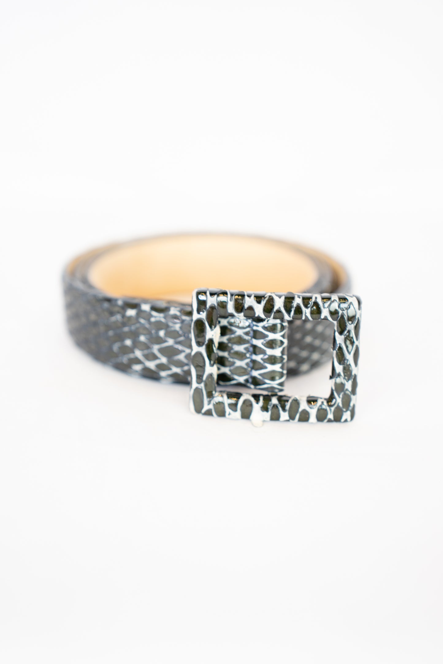 St. John Leather Black & White Genuine Snakeskin Belt w Square Buckle