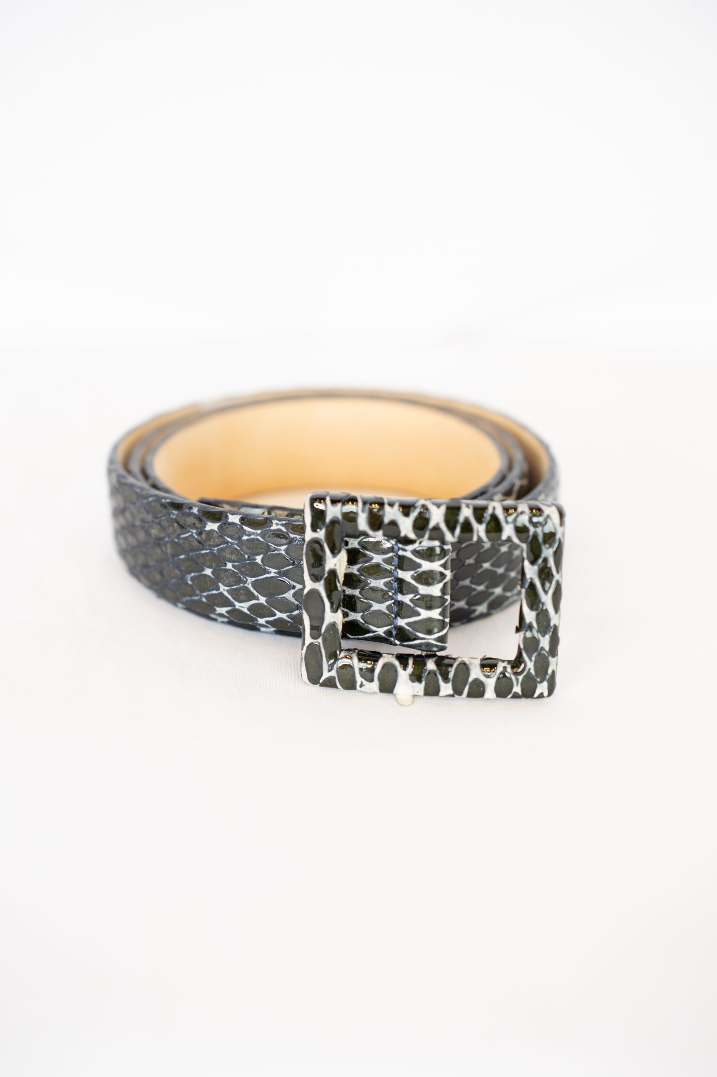 St. John Leather Black & White Genuine Snakeskin Belt w Square Buckle