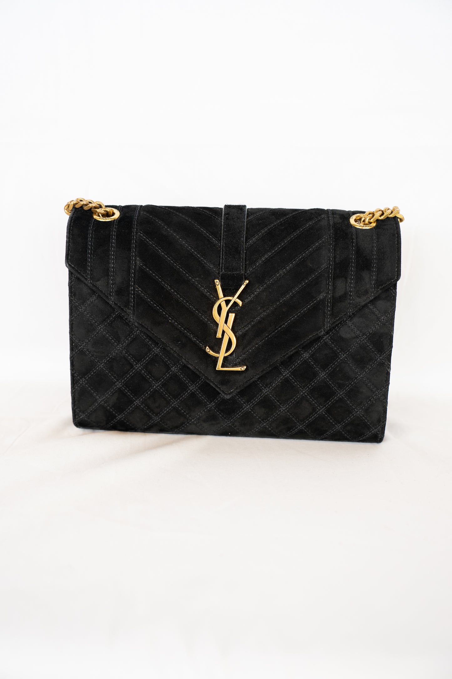 Saint Laurent YSL Black Suede Envelope Triquilt Medium Shoulder Bag w Gold Chain