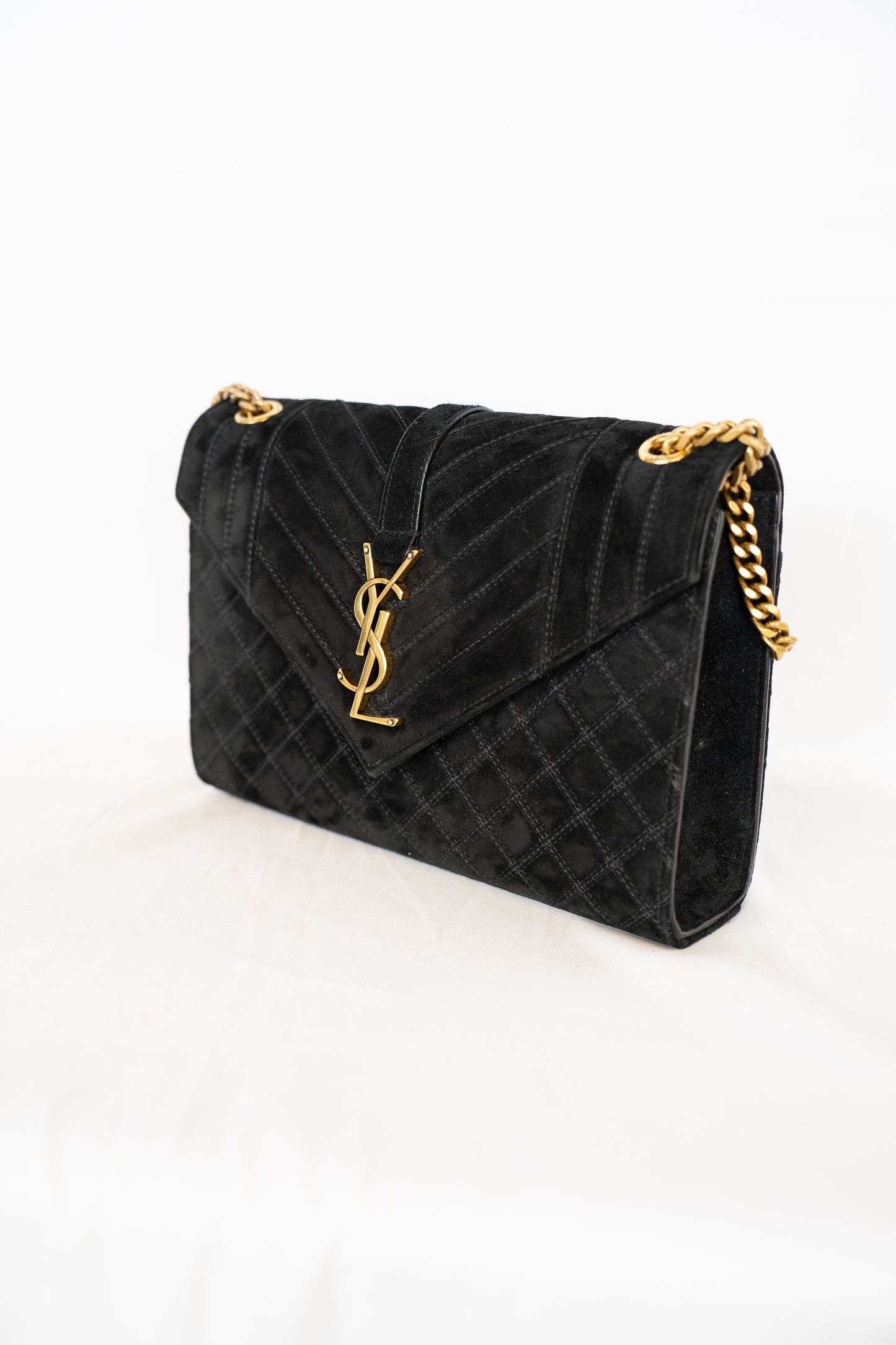 Saint Laurent YSL Black Suede Envelope Triquilt Medium Shoulder Bag w Gold Chain
