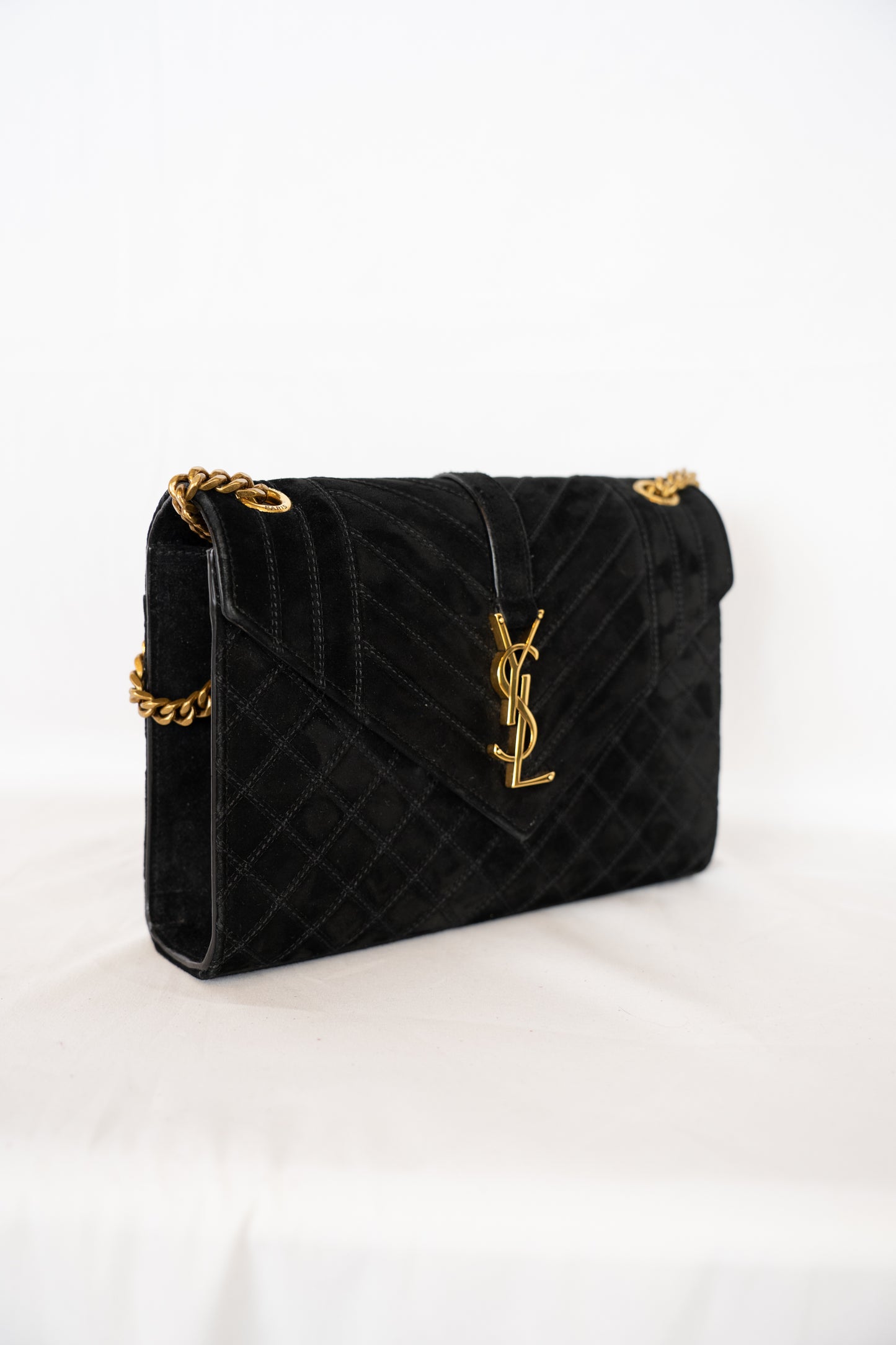 Saint Laurent YSL Black Suede Envelope Triquilt Medium Shoulder Bag w Gold Chain