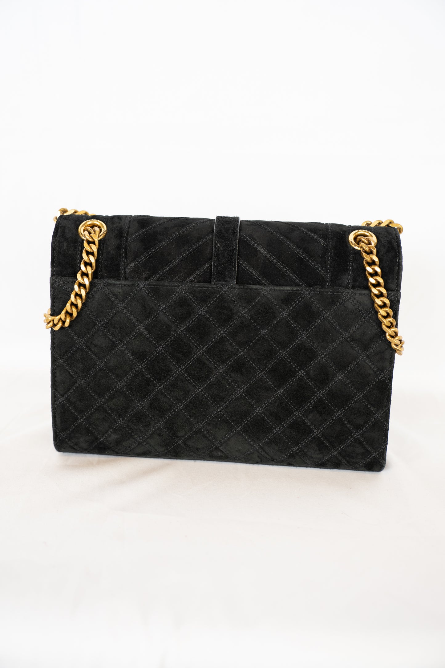 Saint Laurent YSL Black Suede Envelope Triquilt Medium Shoulder Bag w Gold Chain