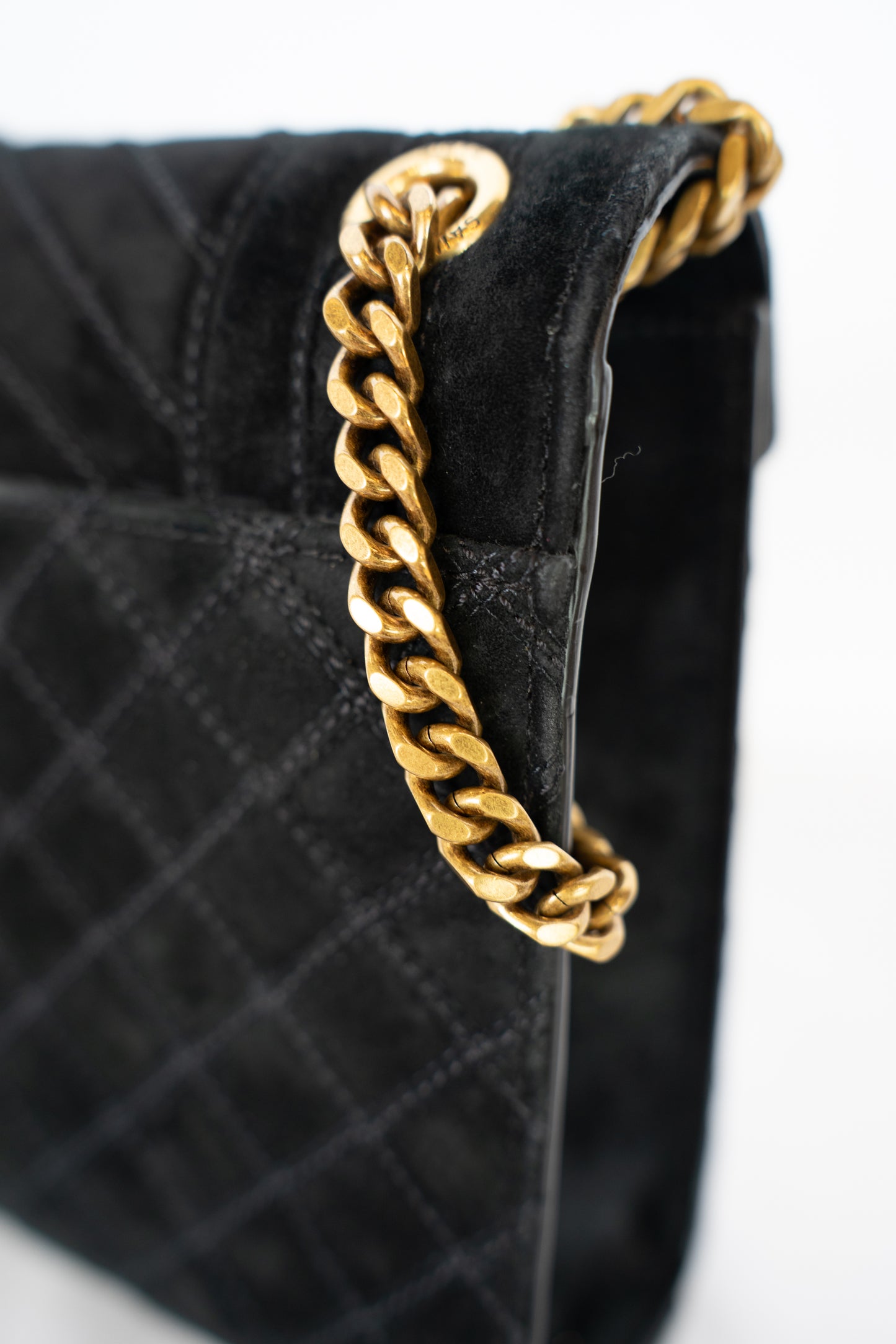 Saint Laurent YSL Black Suede Envelope Triquilt Medium Shoulder Bag w Gold Chain