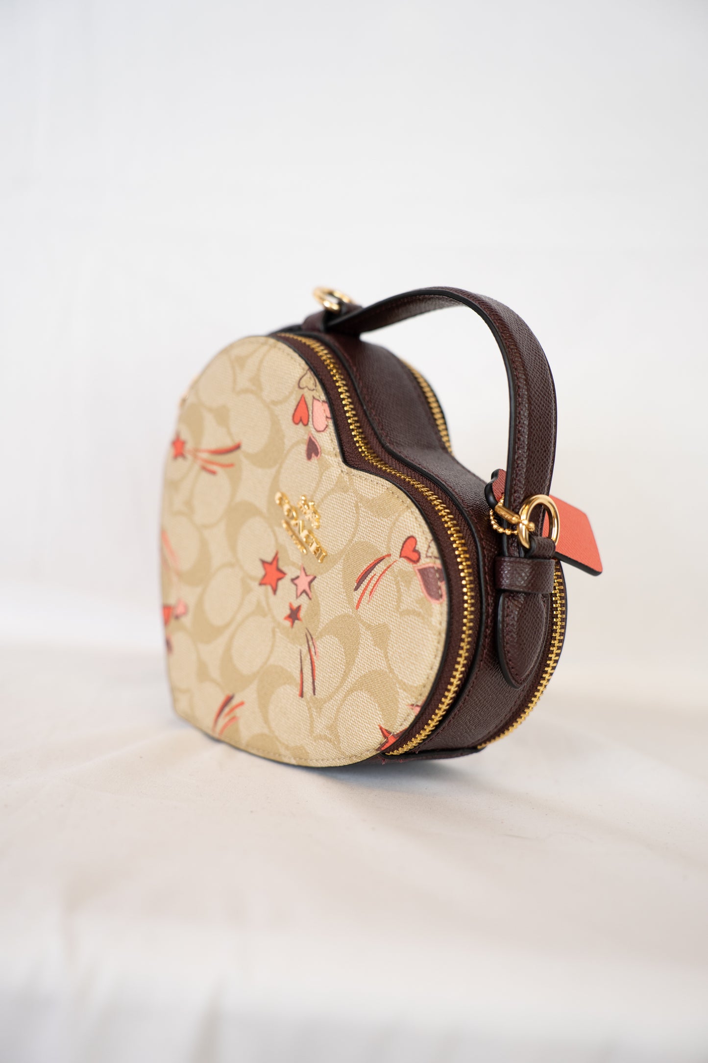Coach Beige Monogram w Heart Strikes Heart Shaped Crossbody Bag w/ Removable Strap