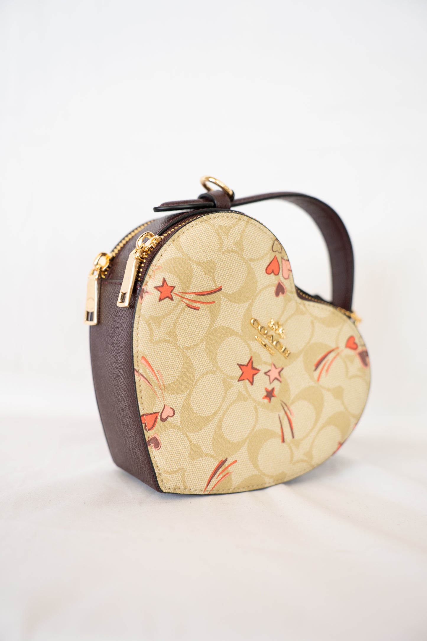 Coach Beige Monogram w Heart Strikes Heart Shaped Crossbody Bag w/ Removable Strap