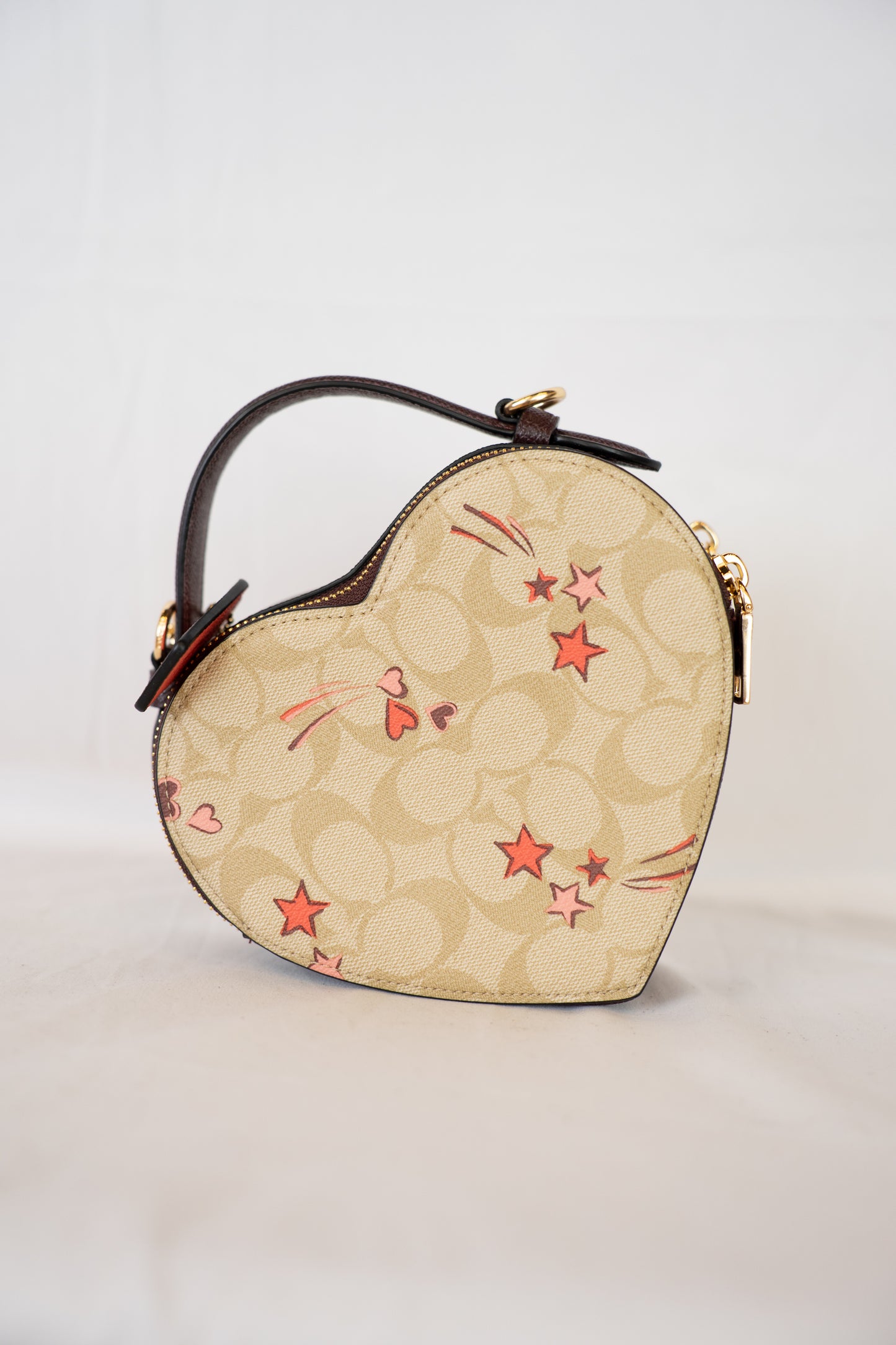 Coach Beige Monogram w Heart Strikes Heart Shaped Crossbody Bag w/ Removable Strap