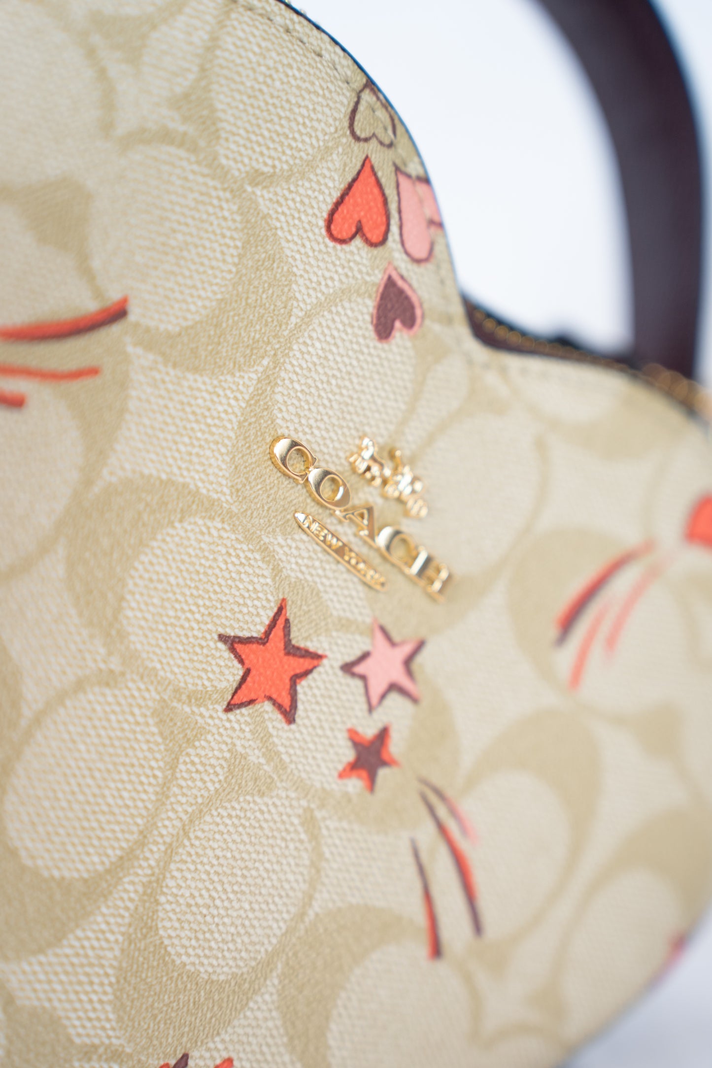 Coach Beige Monogram w Heart Strikes Heart Shaped Crossbody Bag w/ Removable Strap