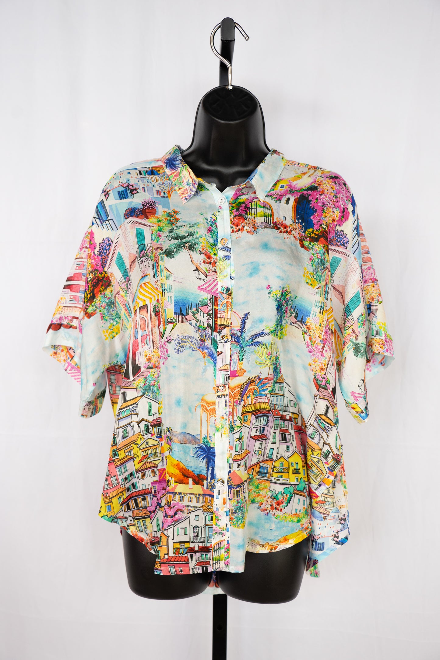 Johnny Was Silk Landscape Print Button Down Short Sleeve Blouse
