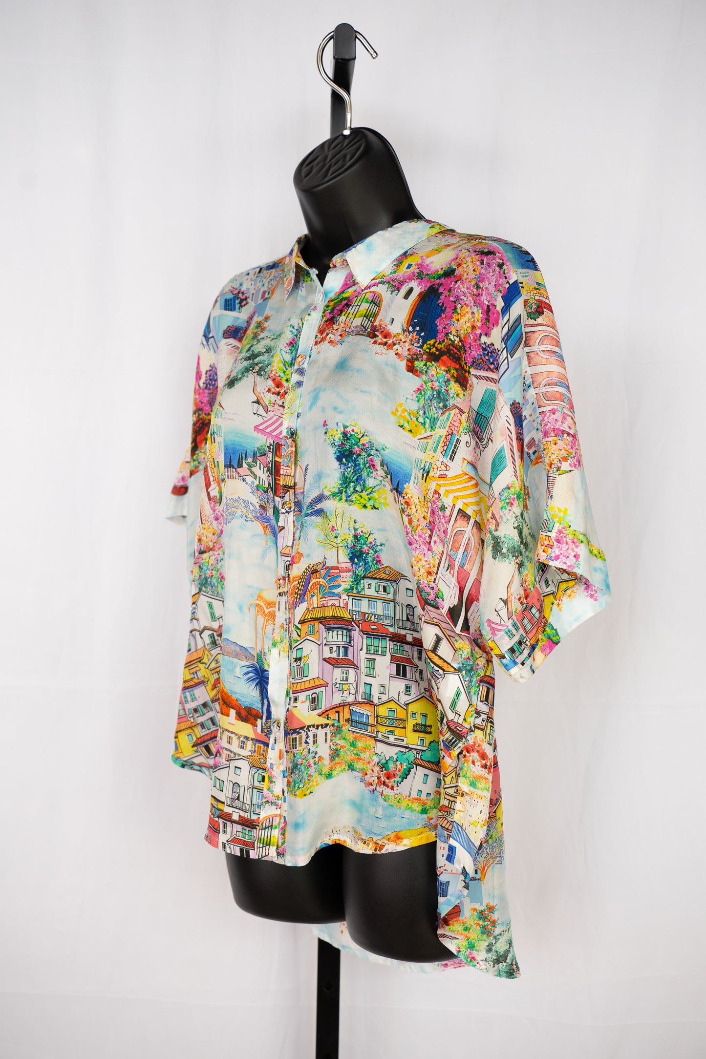 Johnny Was Silk Landscape Print Button Down Short Sleeve Blouse