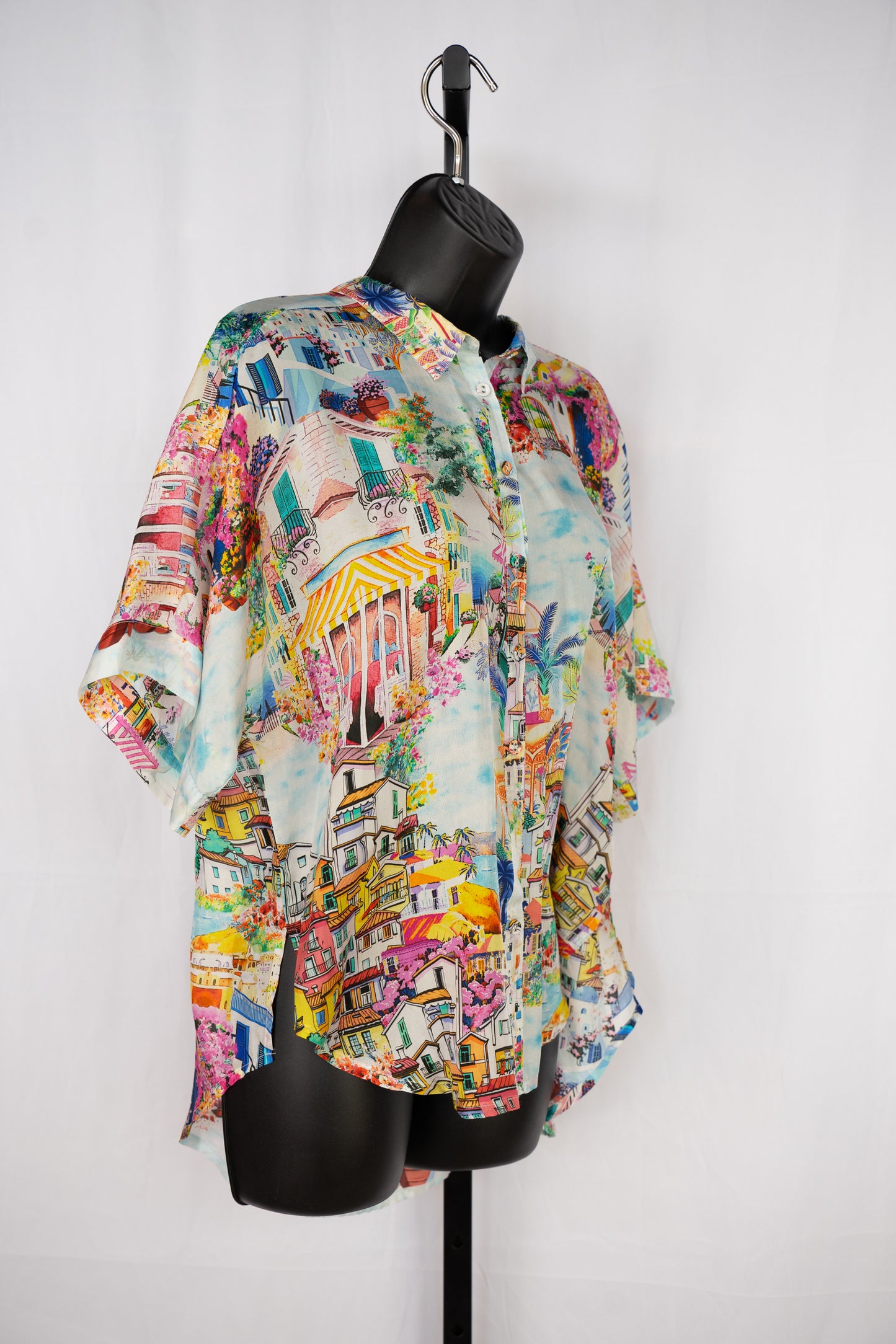 Johnny Was Silk Landscape Print Button Down Short Sleeve Blouse