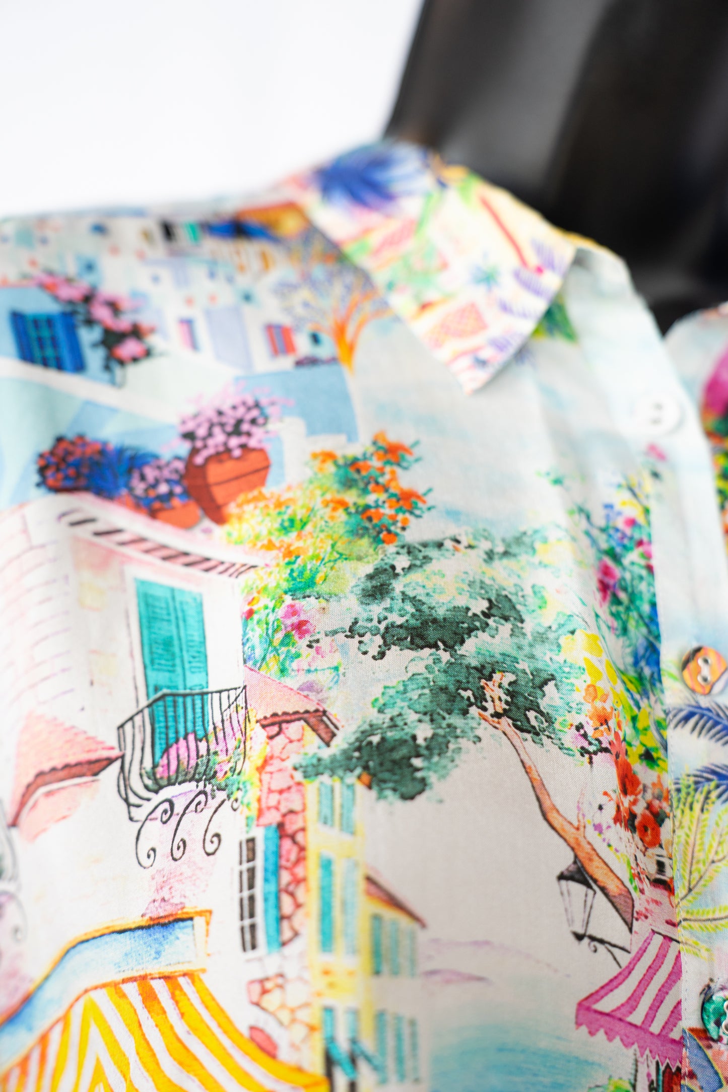 Johnny Was Silk Landscape Print Button Down Short Sleeve Blouse