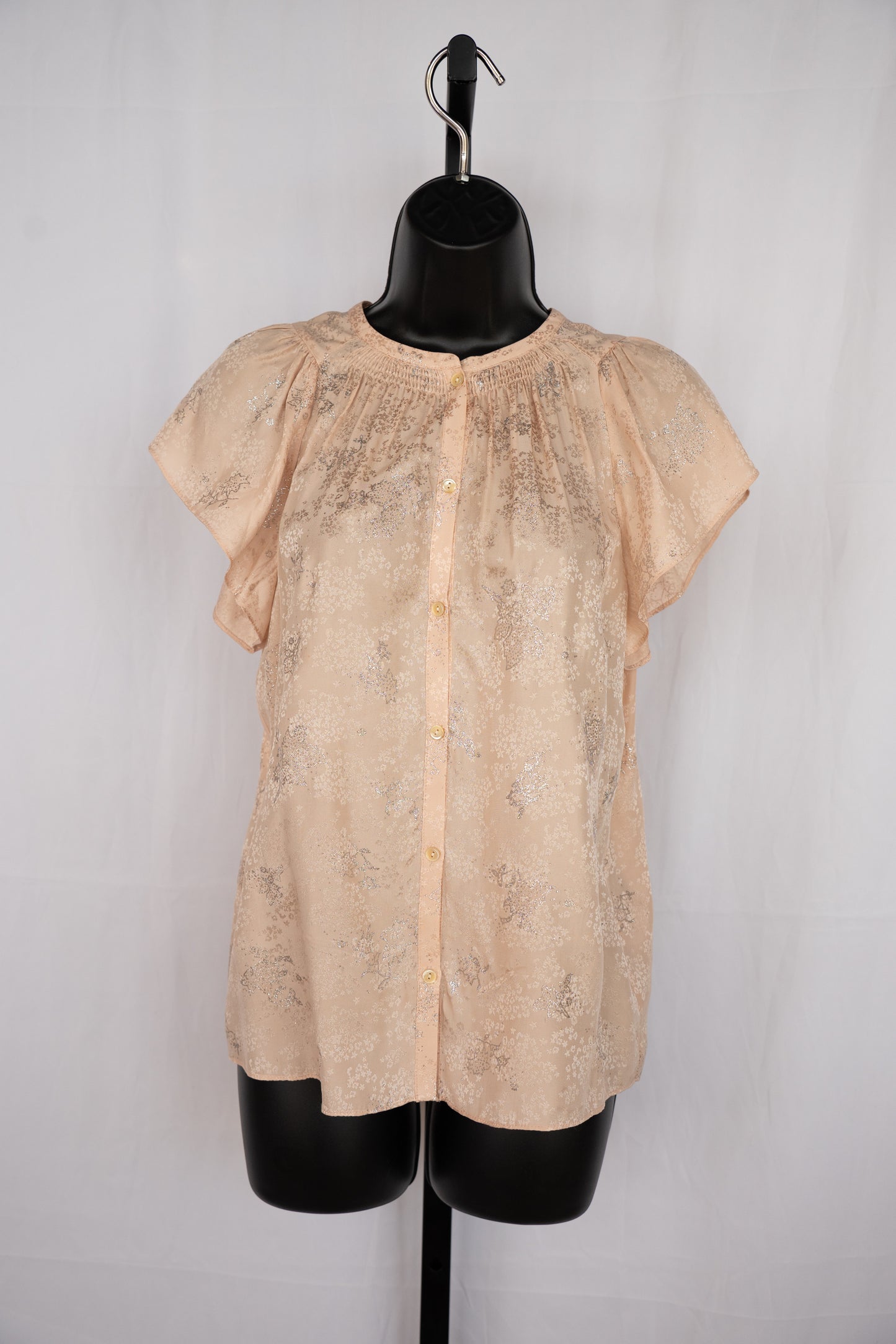 Rebecca Taylor Silk Light Pink w Silver Floral Short Flutter Sleeve Button Up Top