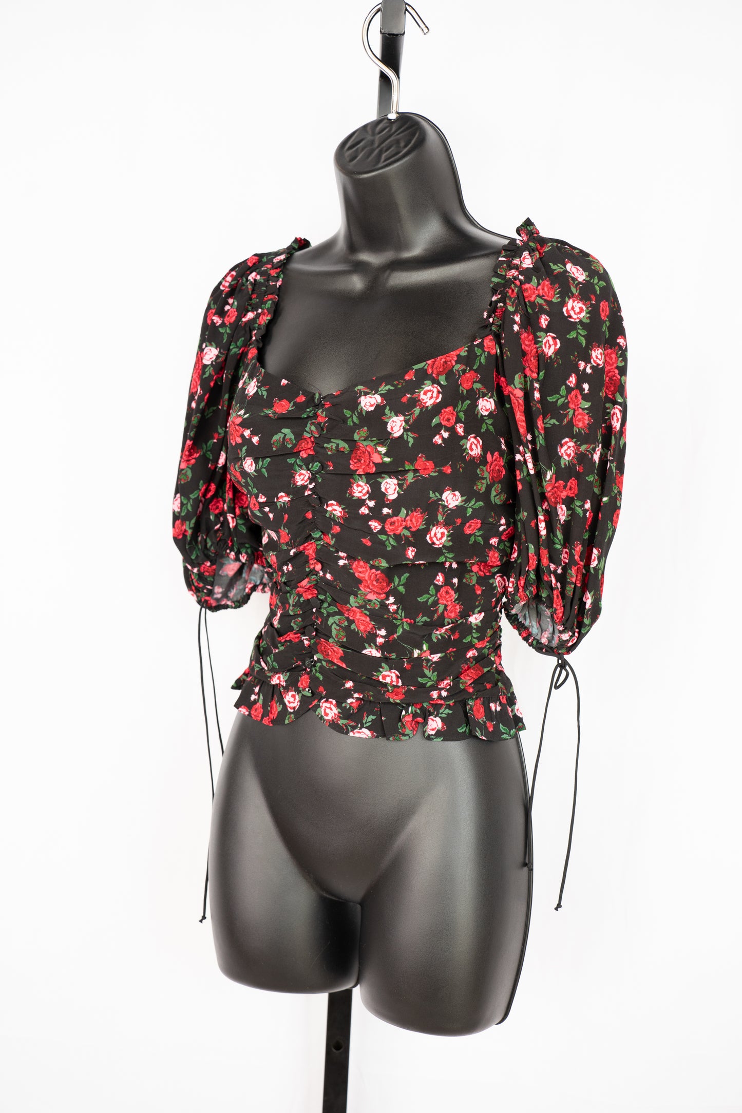 For Love & Lemons Black w Red Roses Half-Puff Sleeve Ruched Crop Top NWT