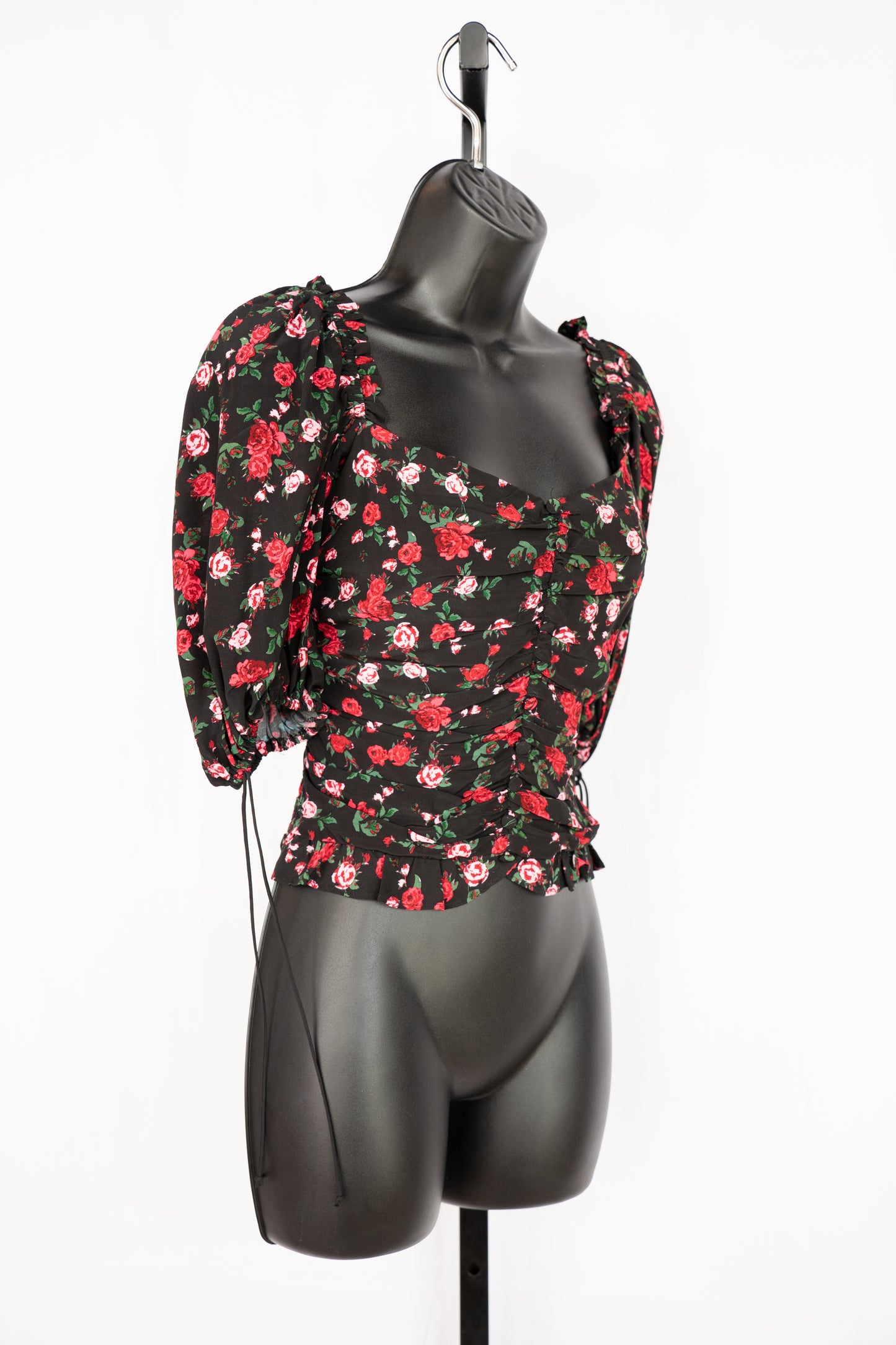 For Love & Lemons Black w Red Roses Half-Puff Sleeve Ruched Crop Top NWT