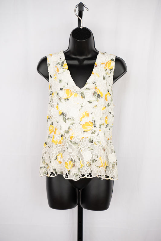 White House Black Market White Crochet Yellow Floral Sleeveless Ruffle Tank